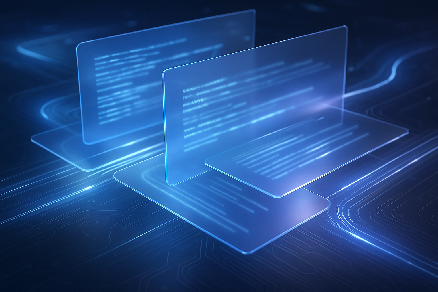 Abstract premium technology visual with layered holographic panels and luminous data streams