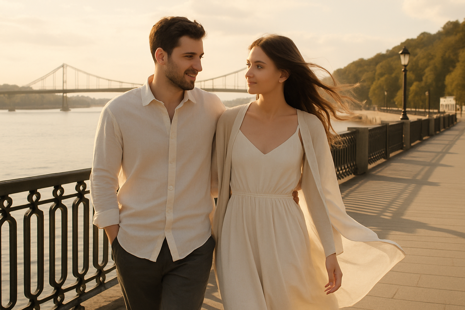 Couple walking along a riverside promenade in Kyiv