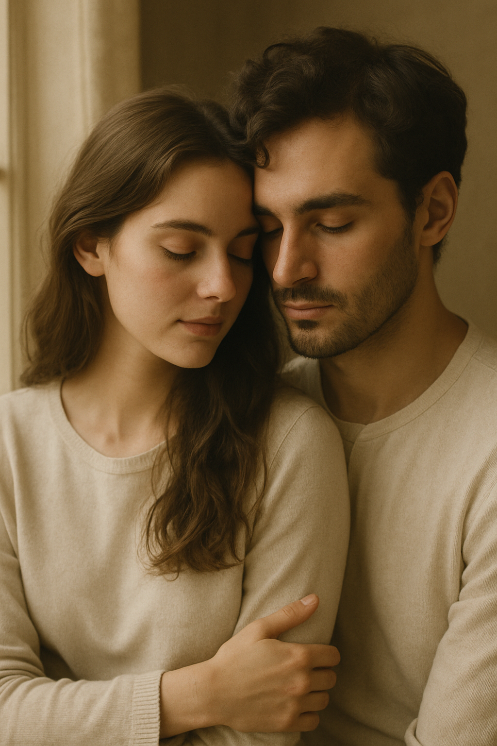 Intimate portrait of a couple in soft window light