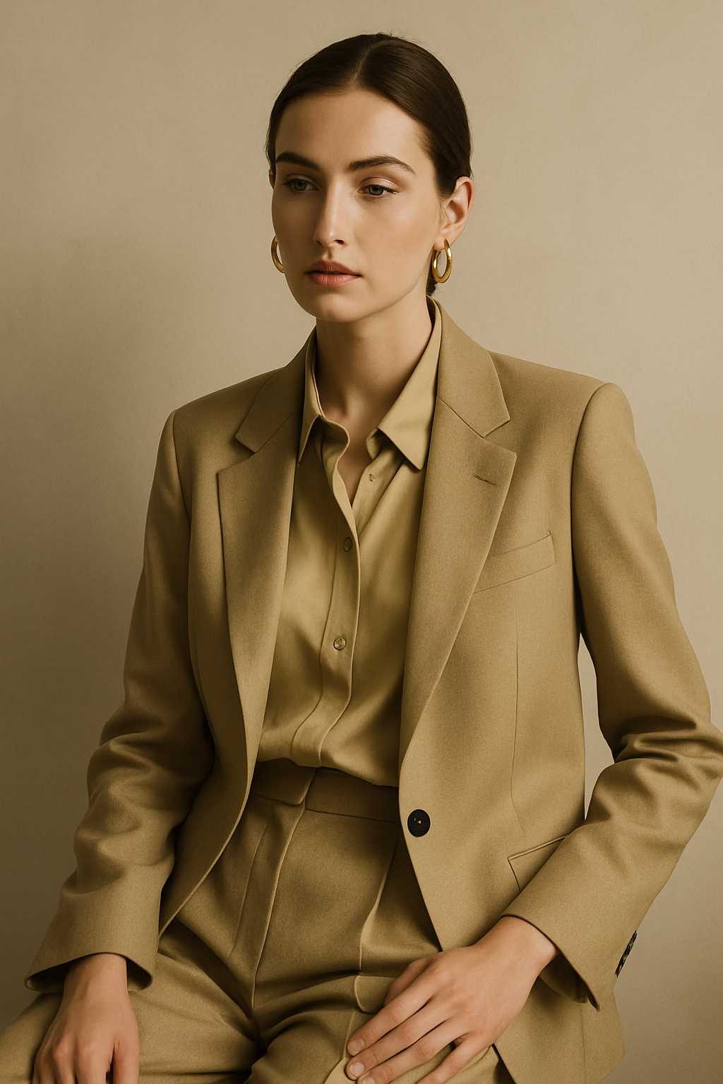 Fashion editorial portrait with muted gold styling