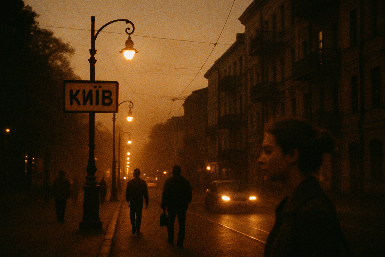 35mm film-inspired street scene at dusk