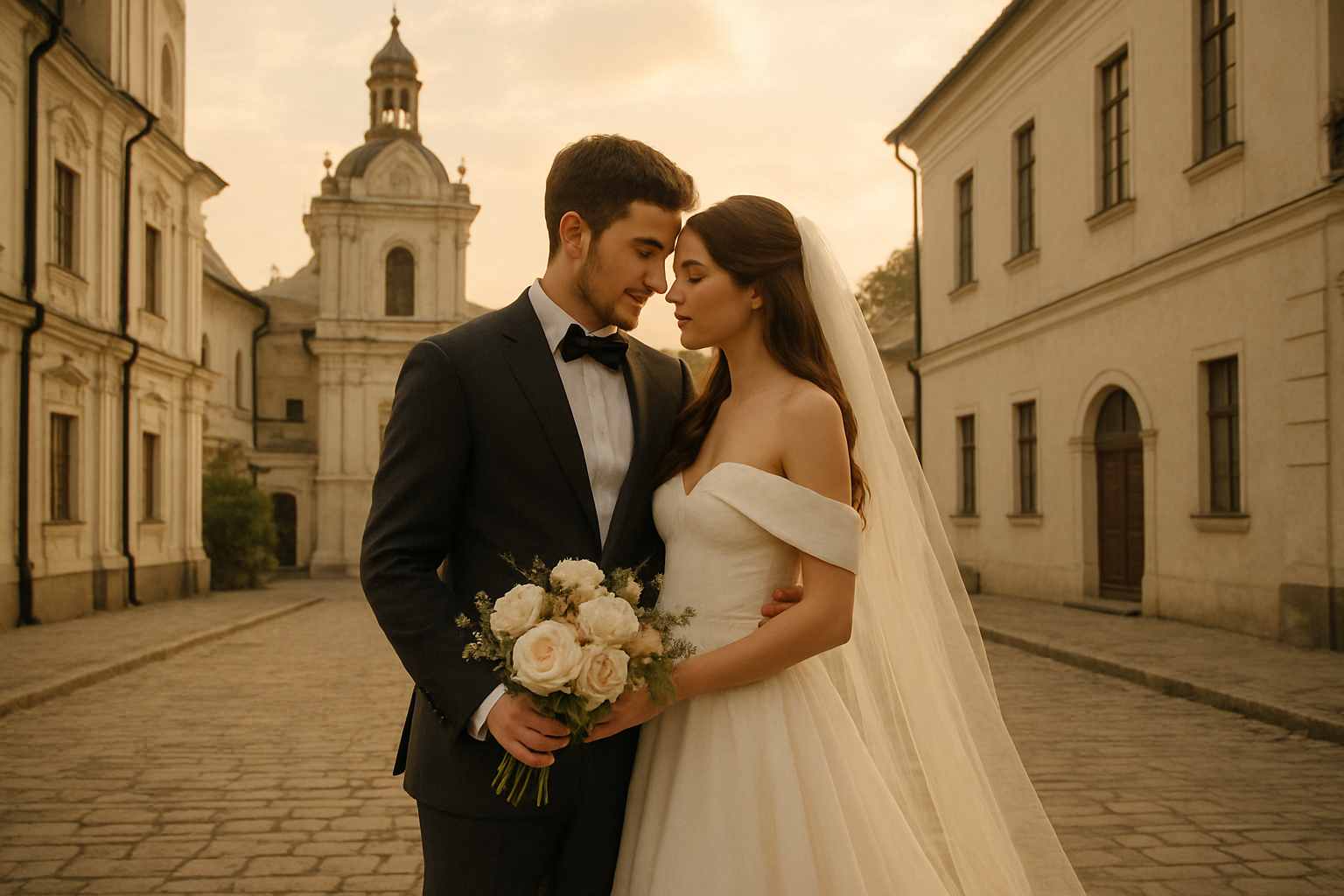 Bride and groom in a historic Kyiv courtyard