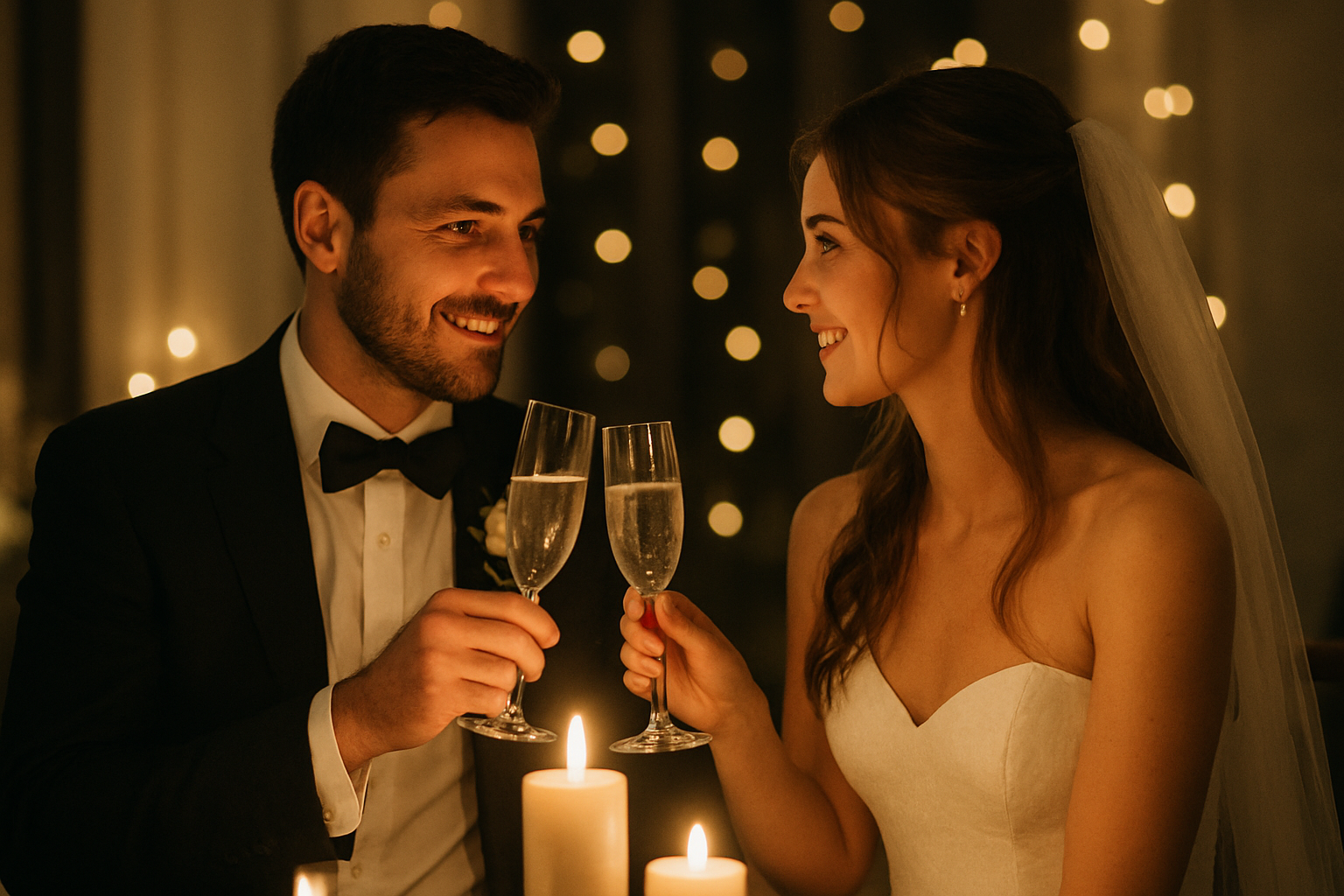 Elegant indoor wedding toast with candlelight