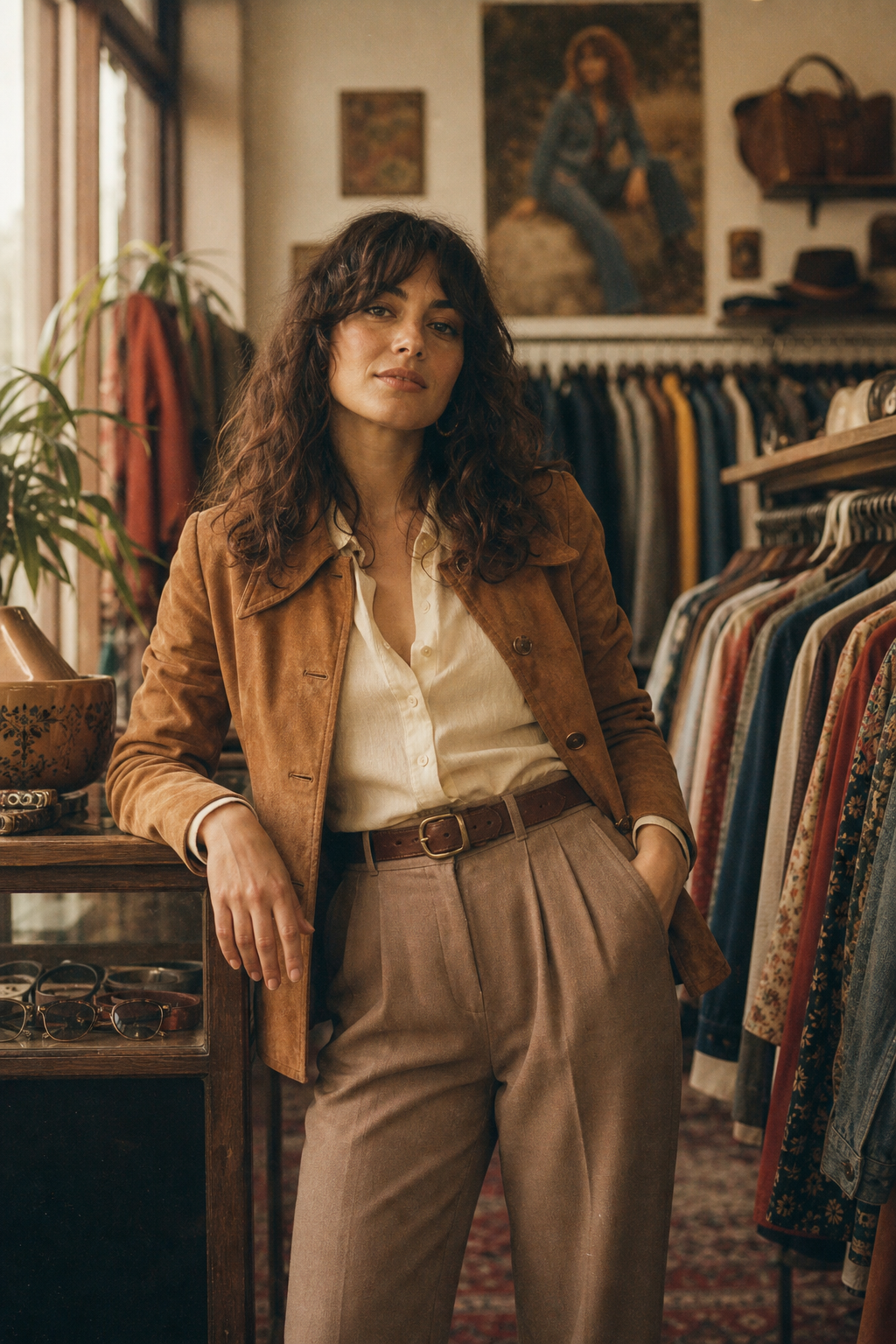 Warm film-style portrait of a vintage boutique owner wearing a caramel suede jacket and high-waisted trousers inside a softly lit retro shop