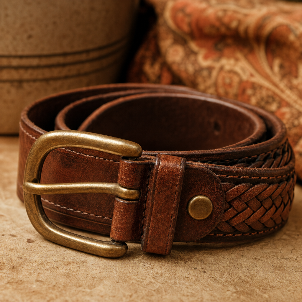 Close-up of a vintage leather belt with brass buckle and woven texture