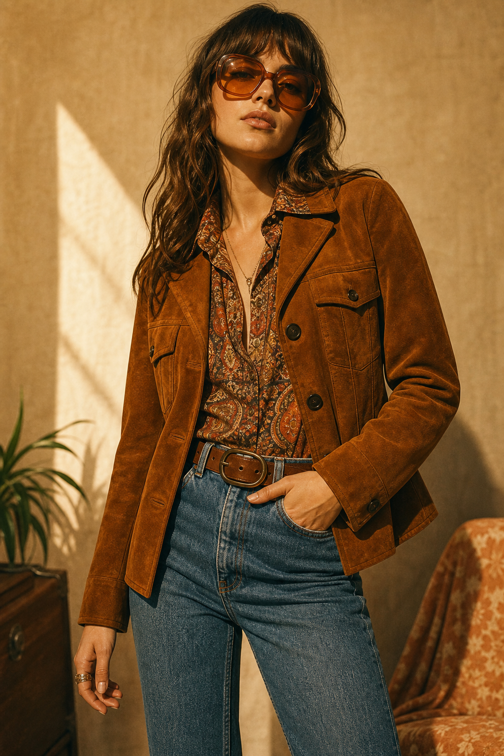 Editorial film-style portrait of a model wearing a caramel suede jacket and high-waisted denim against a warm studio backdrop
