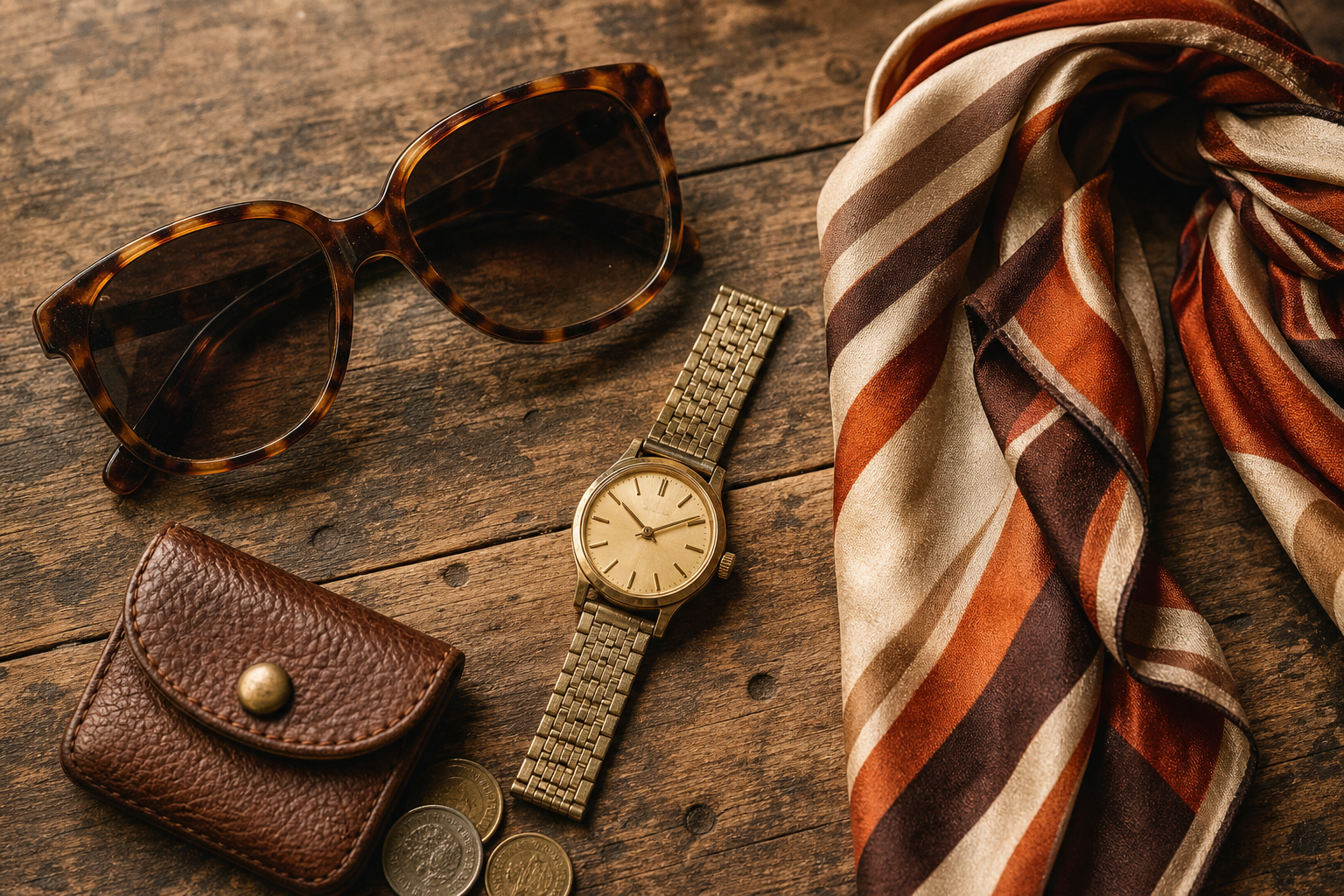Flatlay of 70s and 80s accessories on a worn wooden table: tortoiseshell sunglasses, a brass watch, and a striped silk scarf in earthy tones