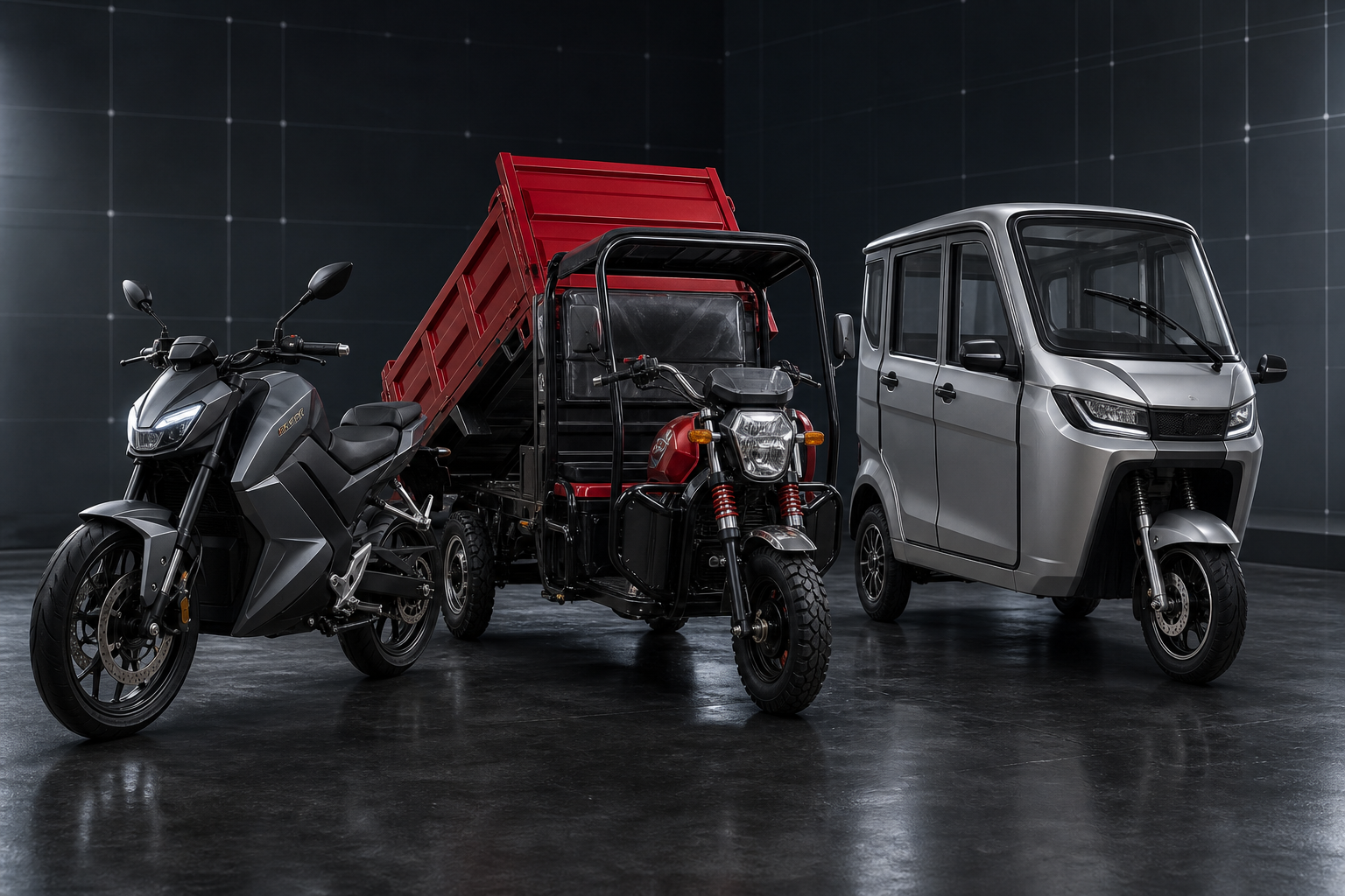 Montage of a modern electric street motorcycle, a rugged cargo dump tricycle, and an enclosed passenger tricycle arranged as a unified product lineup