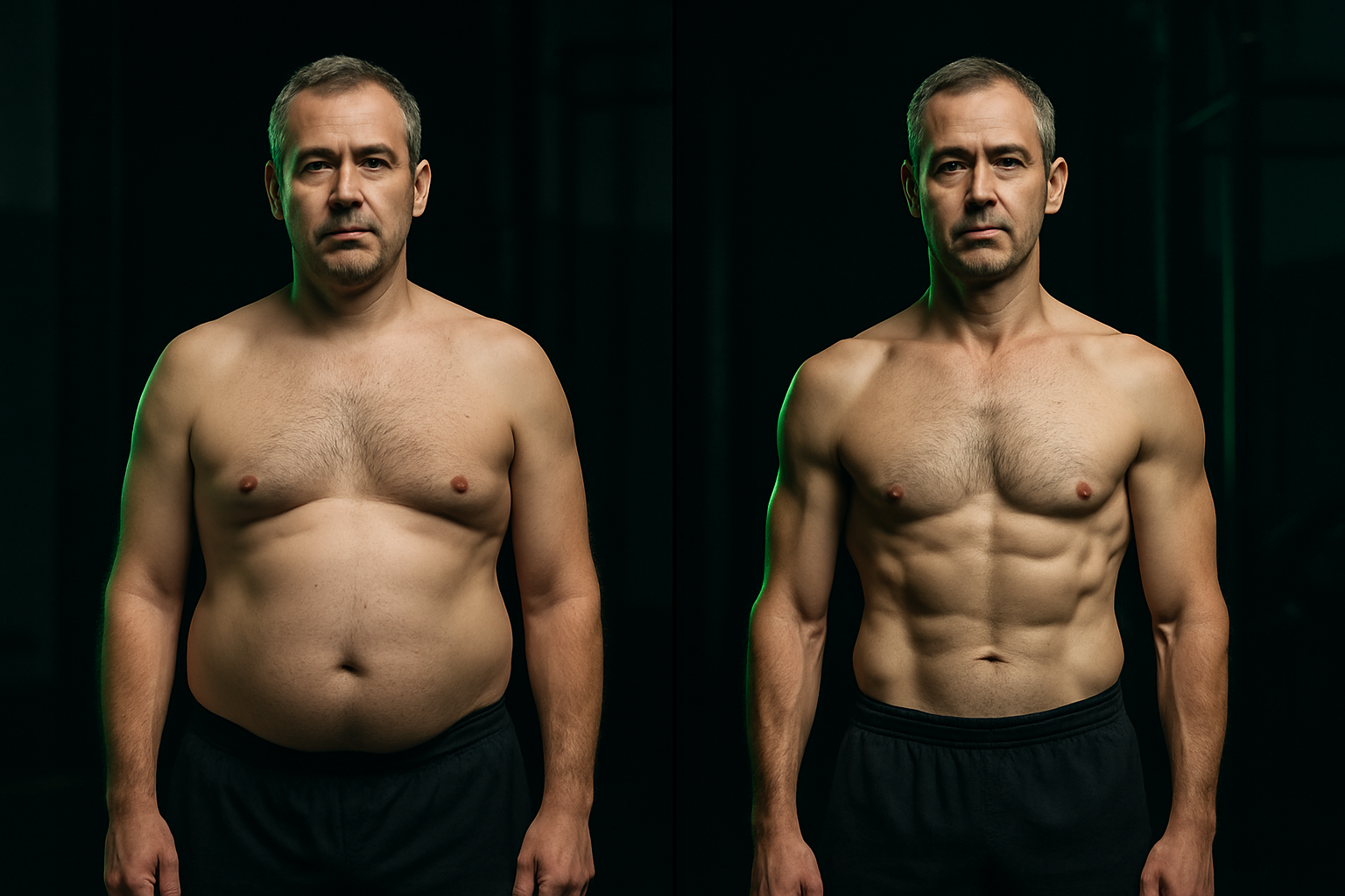 Before and after split photo of Andriy, a man in his forties, showing reduced waistline and stronger shoulders