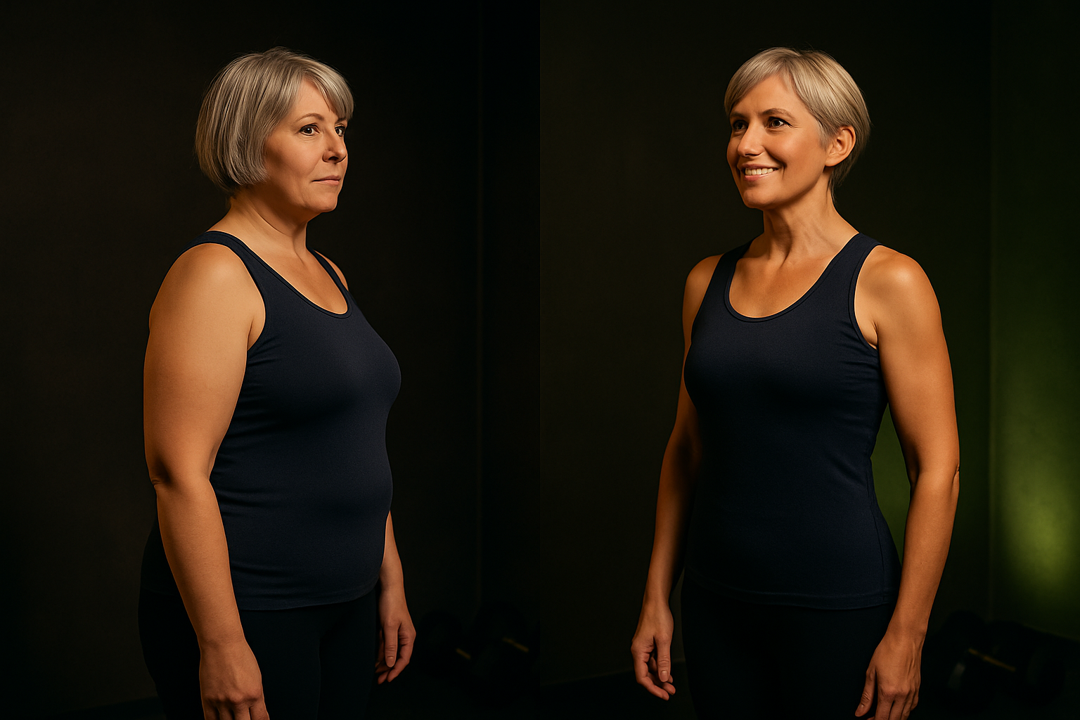 Before and after split photo of Iryna, a woman in her fifties, showing a trimmer midsection and more defined arms