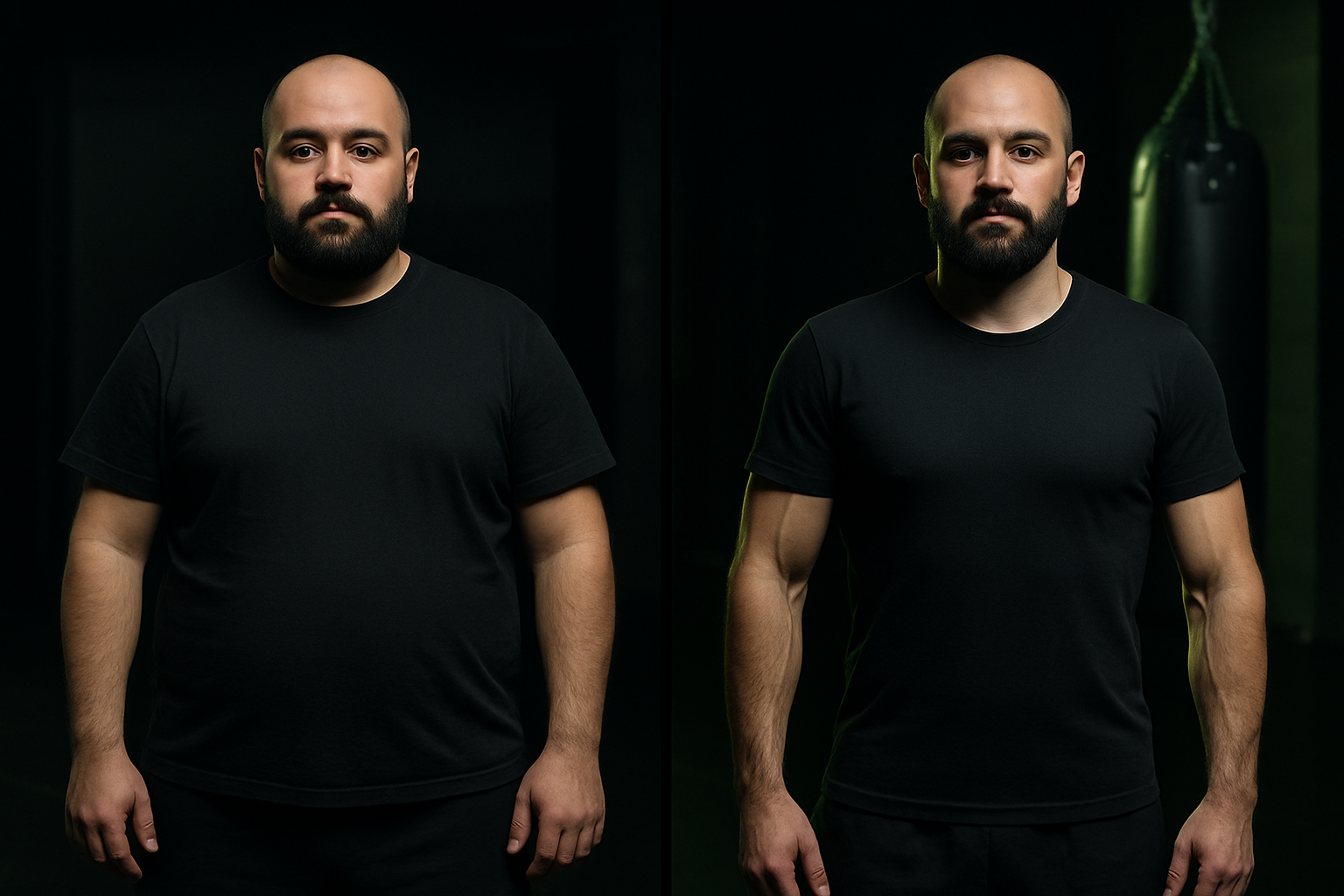 Before and after split photo of Mark, a stocky man in his thirties, showing noticeable fat loss and a more athletic frame