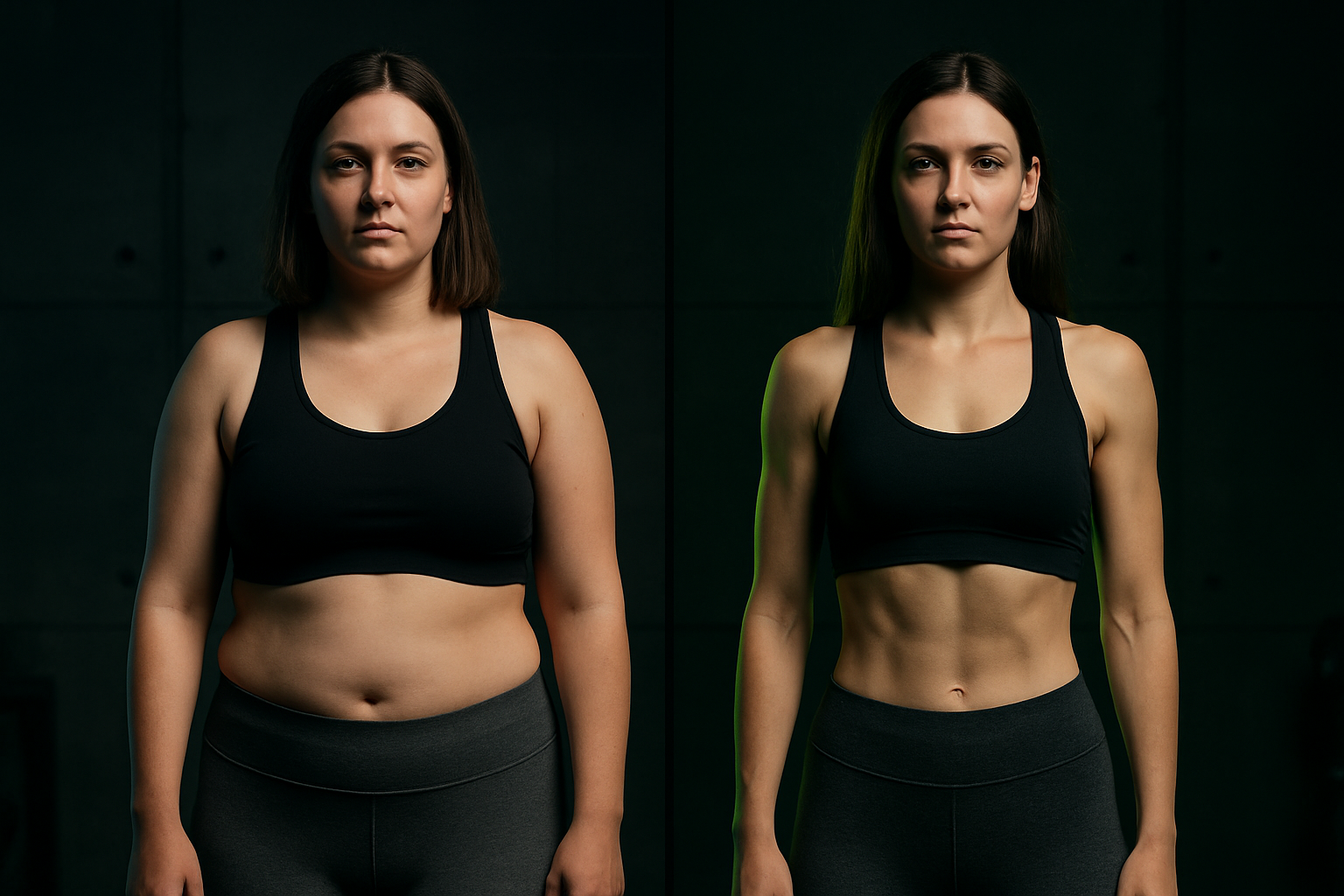 Before and after split photo of Olena, a woman in her thirties, showing a leaner, more toned physique after 12 weeks