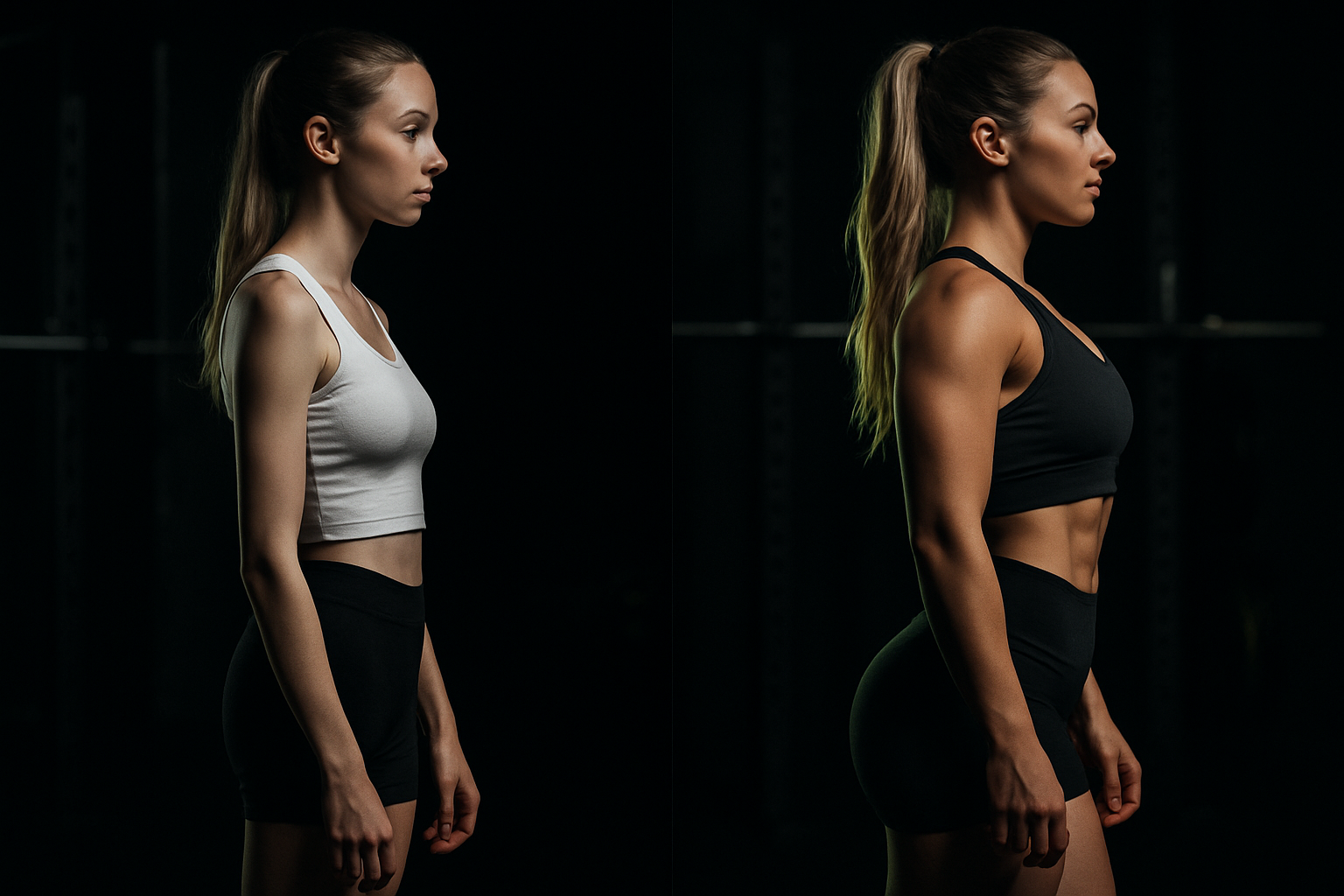 Before and after split photo of Sofia, a young woman, showing visibly stronger legs and improved posture