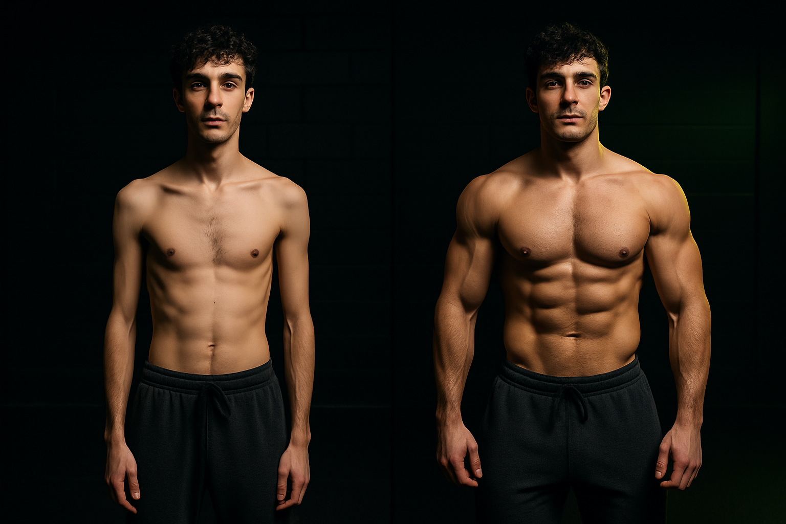 Before and after split photo of Taras, a lean man in his twenties, showing added muscle across chest and arms