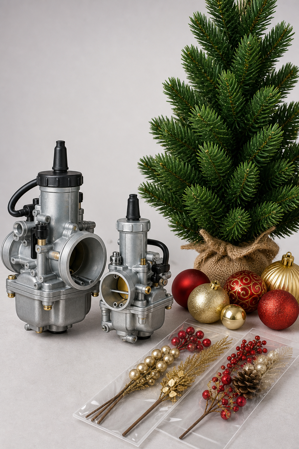 Commercial composite of Qingbull carburetor products and Christmas decoration products arranged in a clean factory-direct presentation