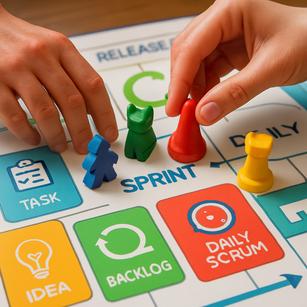 Close-up of custom agile game pieces, colorful tokens, and cards used for interactive training