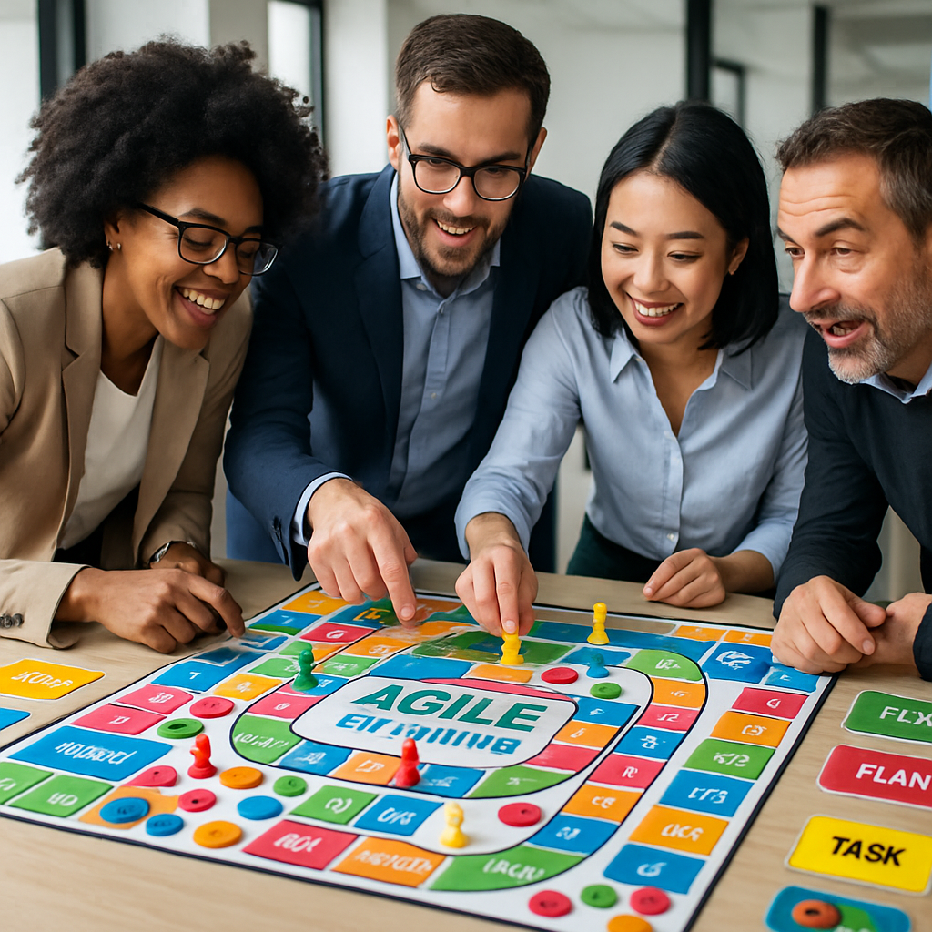 Board game setup with agile training materials and colorful tokens on a table, professionals engaged in play
