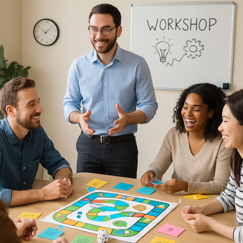 Facilitator leading interactive team activity using cards and dice, participants collaborating and smiling