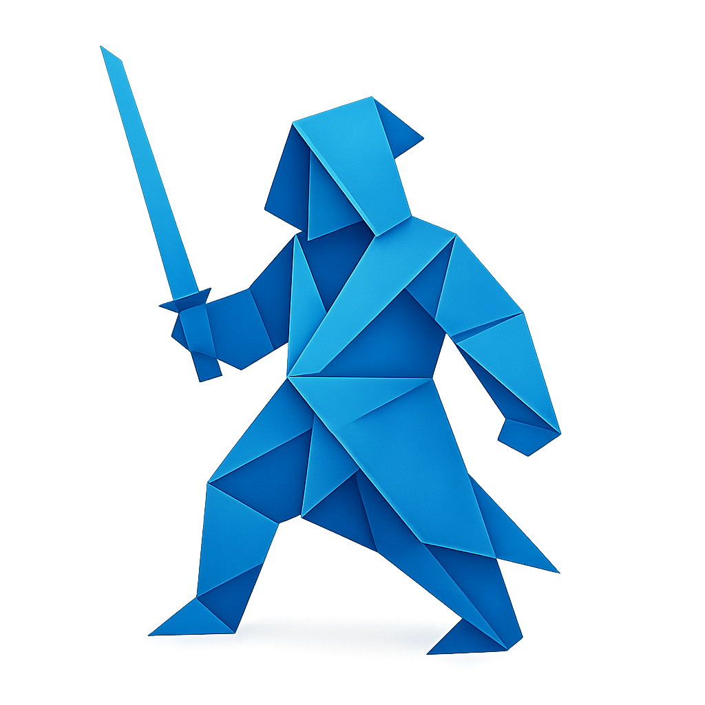 Origami-style Jedi icon representing agile consulting, playful and geometric, blue gradients