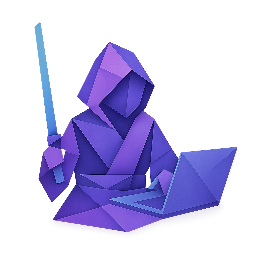 Origami-style Jedi icon representing online training, playful and geometric, purple and blue gradients