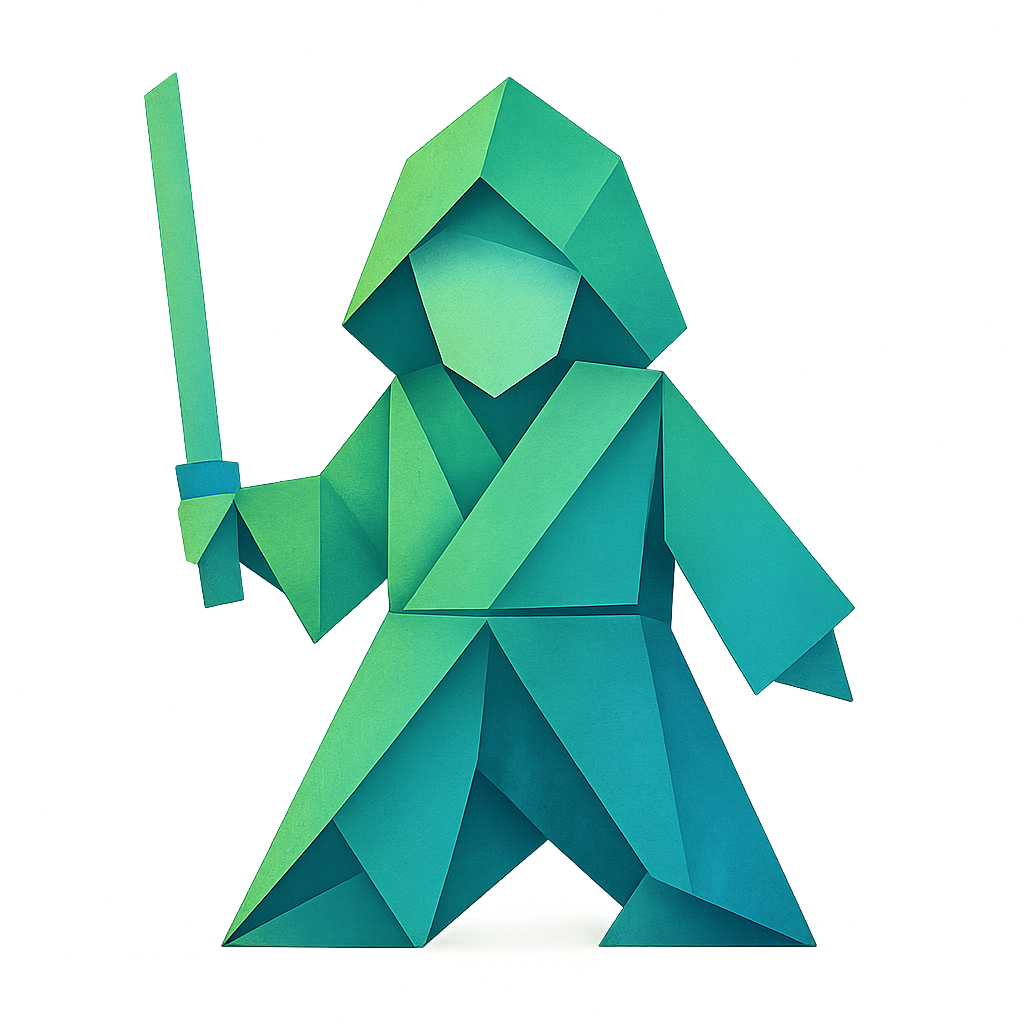 Origami-style Jedi icon representing in-person workshops, playful and geometric, green and blue gradients