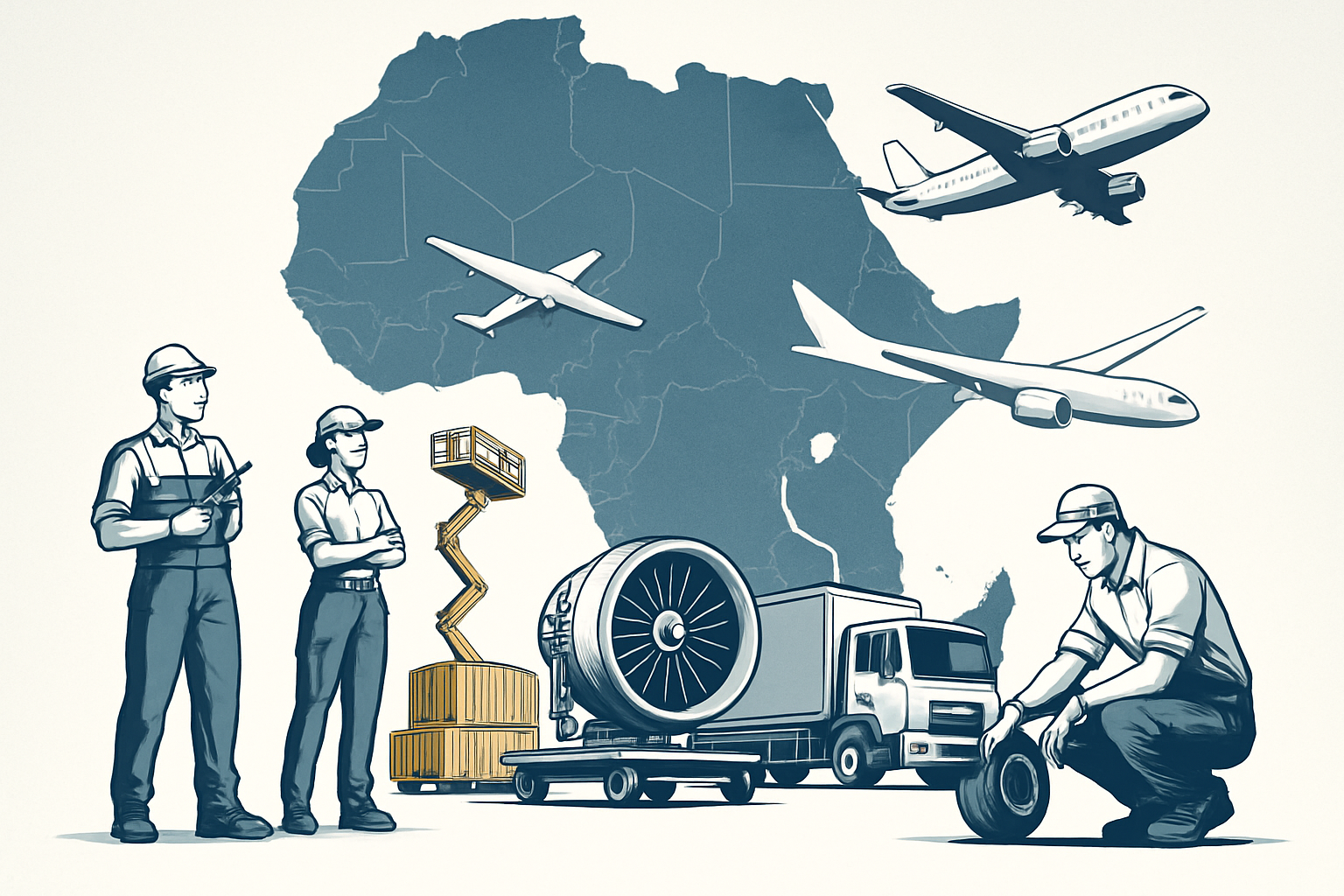 Technical aviation operations over African continent, field-ready support, sleek professional illustration, blue-gray, gold, and white tones, precise and modern style