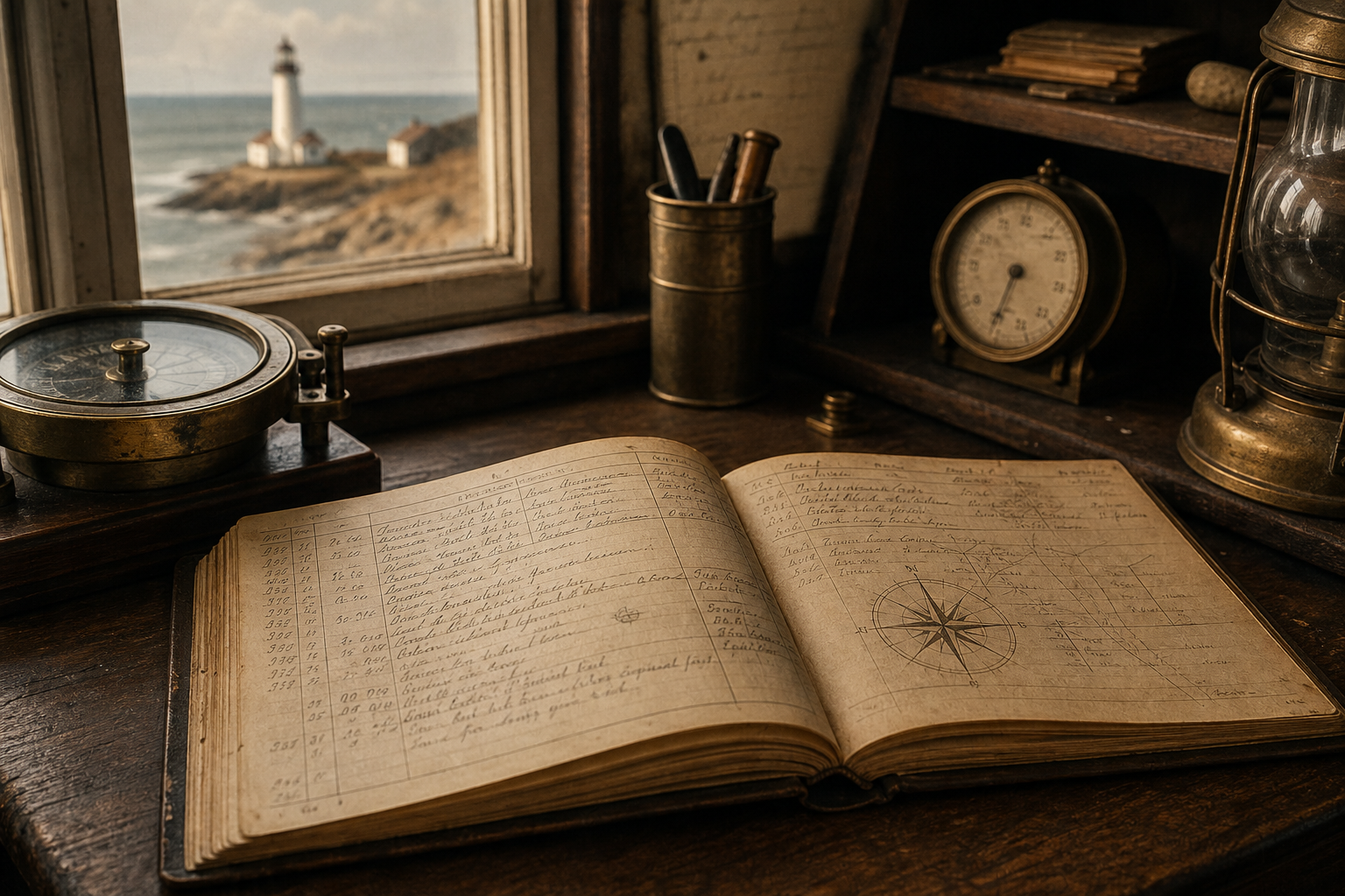 Archival-style close view of a weathered lighthouse signal station logbook page with compass markings and handwritten maintenance notes