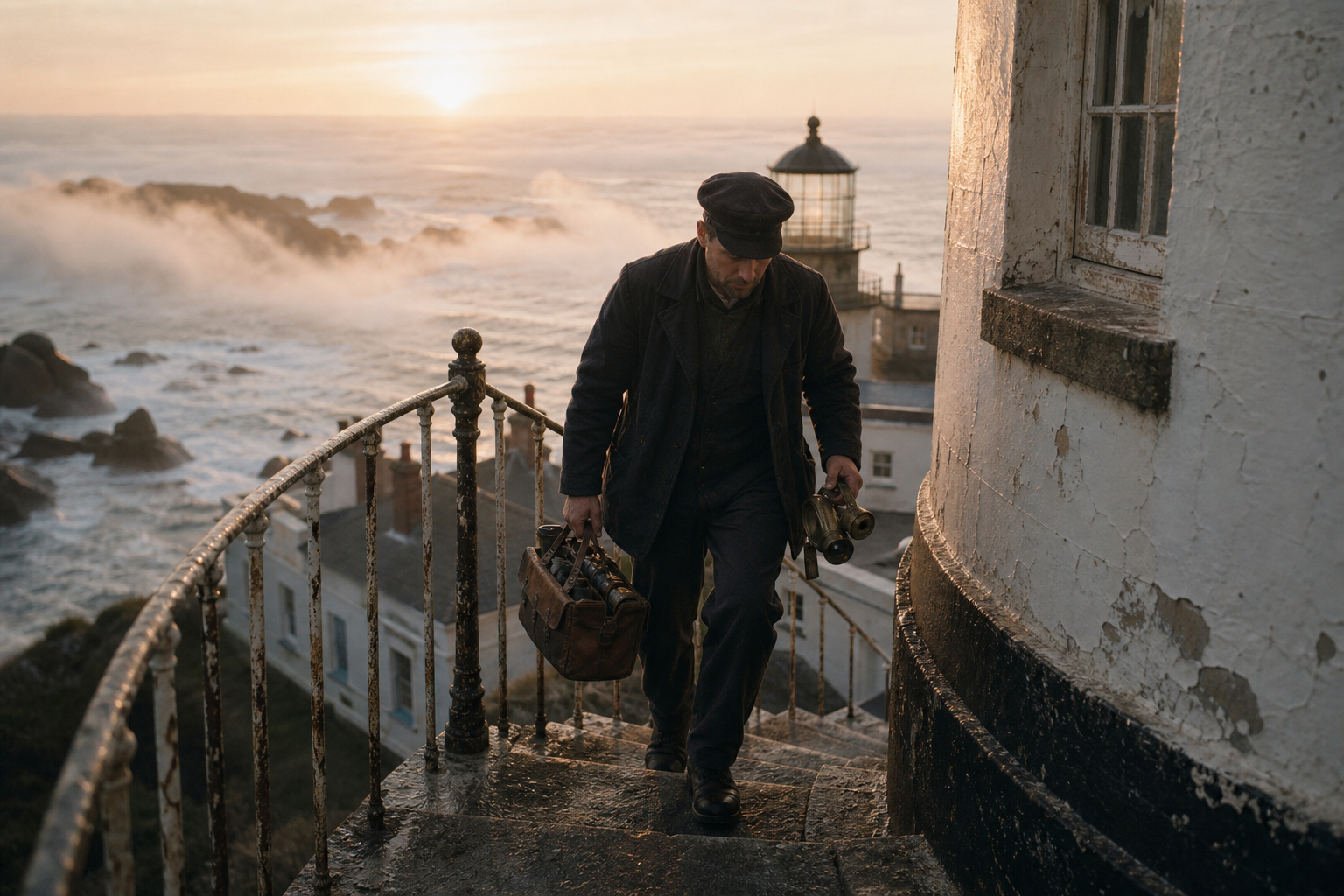 Dawn maintenance scene near coastal tower stairs with keeper carrying tools in sea mist