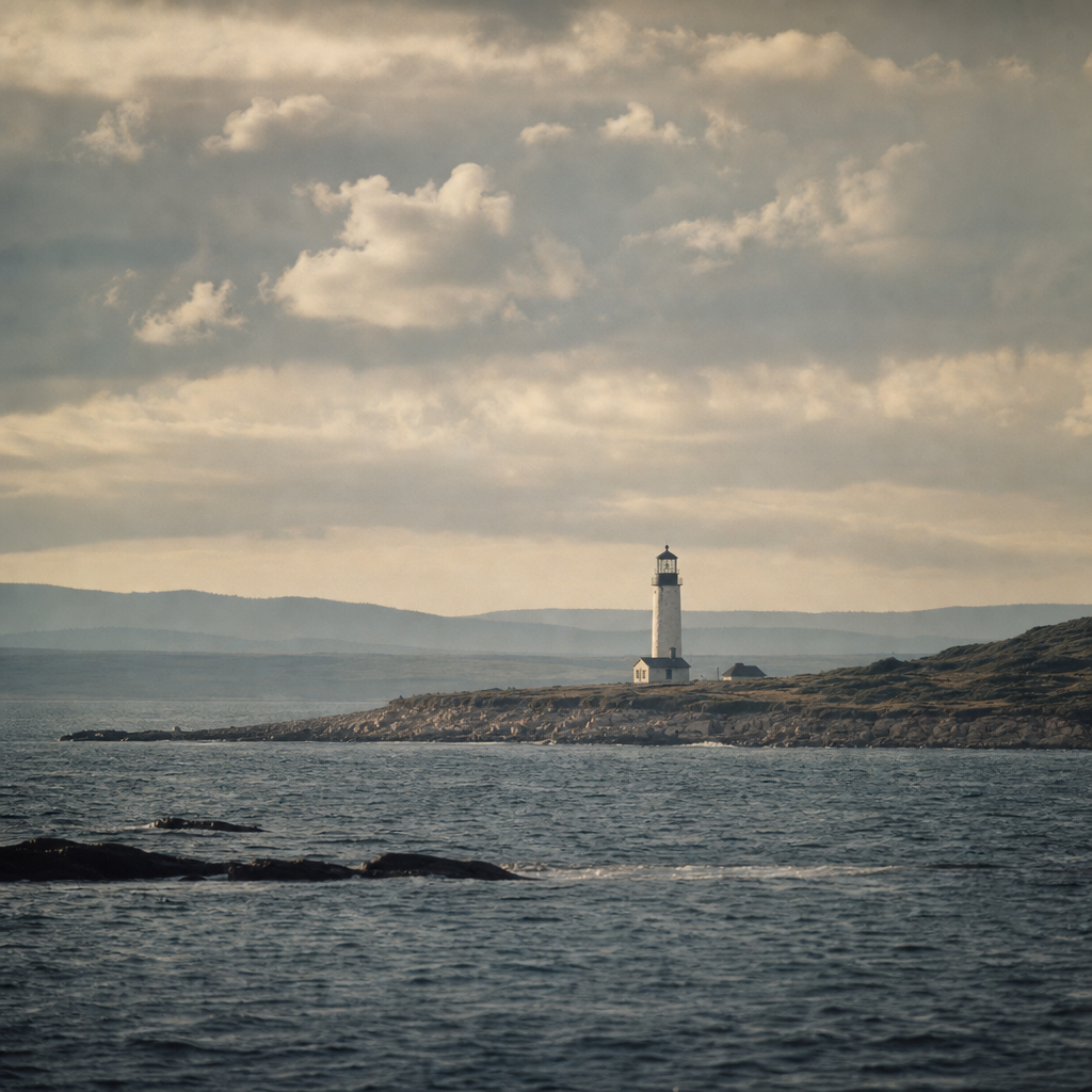 Distant coastal beacon under cloudy sky