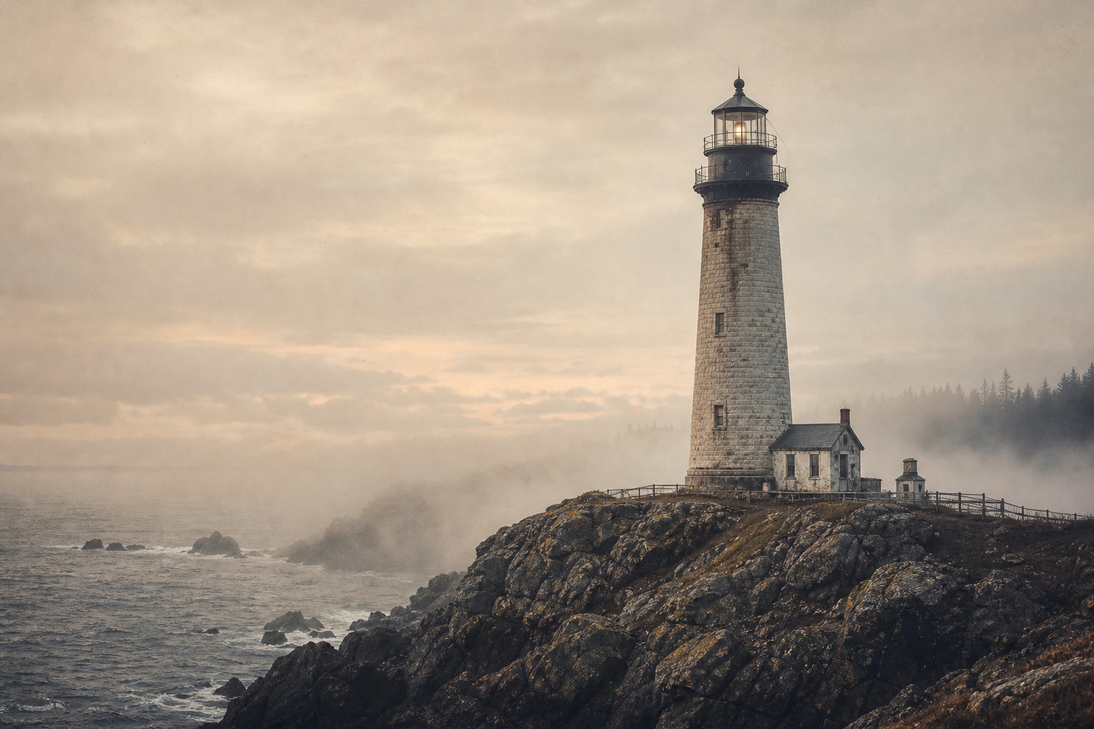 Subject lighthouse on a rocky headland in sea mist