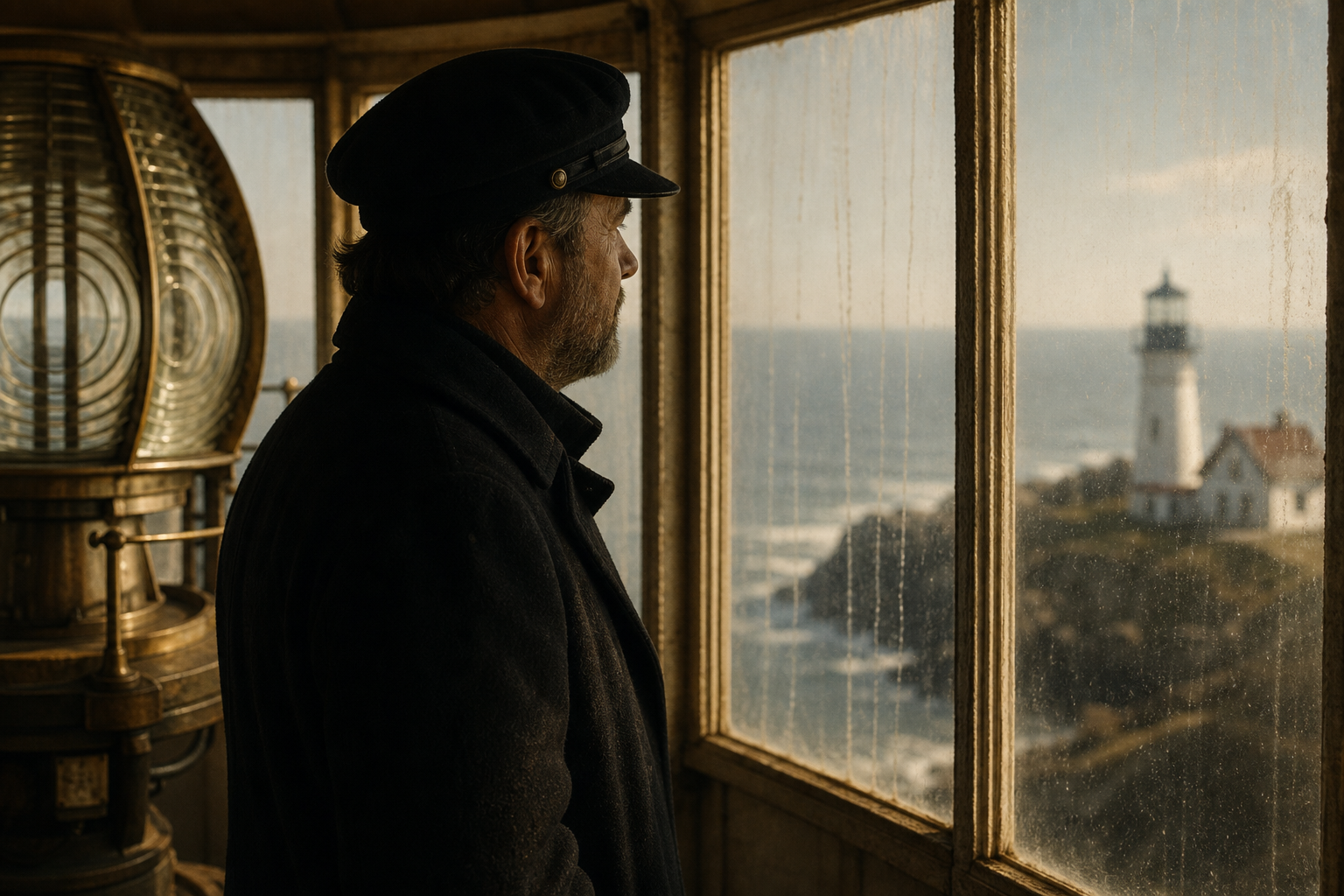 Keeper portrait silhouette near a lantern room window with soft maritime light