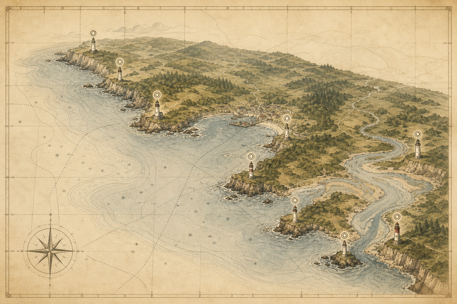 Stylized map of the northern coastline with preserved lighthouse markers and subtle maritime-chart contours