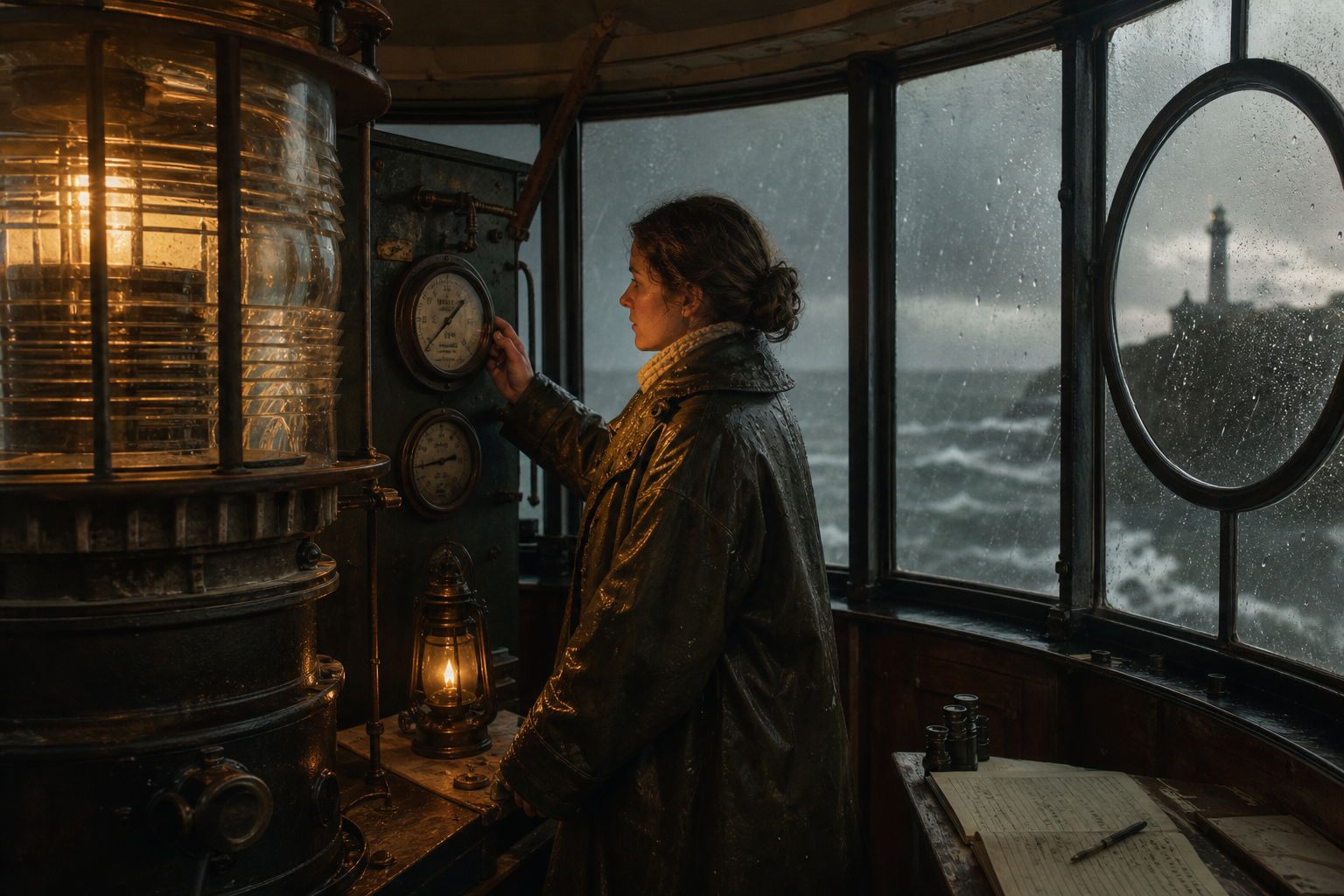 Storm-weather watch scene inside a lighthouse interior with instrument light and rain-streaked panes