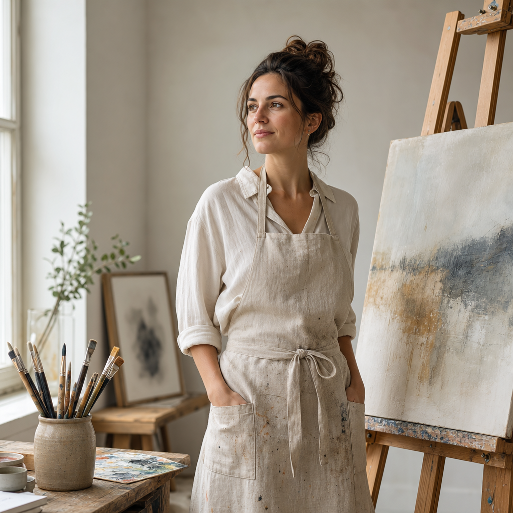 Portrait of the artist in a calm studio, wearing a linen apron beside a wooden easel with a work-in-progress painting