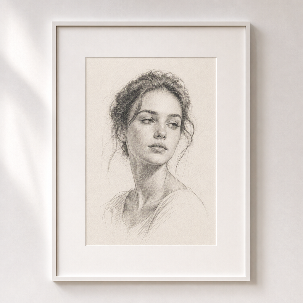 An elegant graphite portrait sketch on textured ivory paper with a thin white frame and generous mat