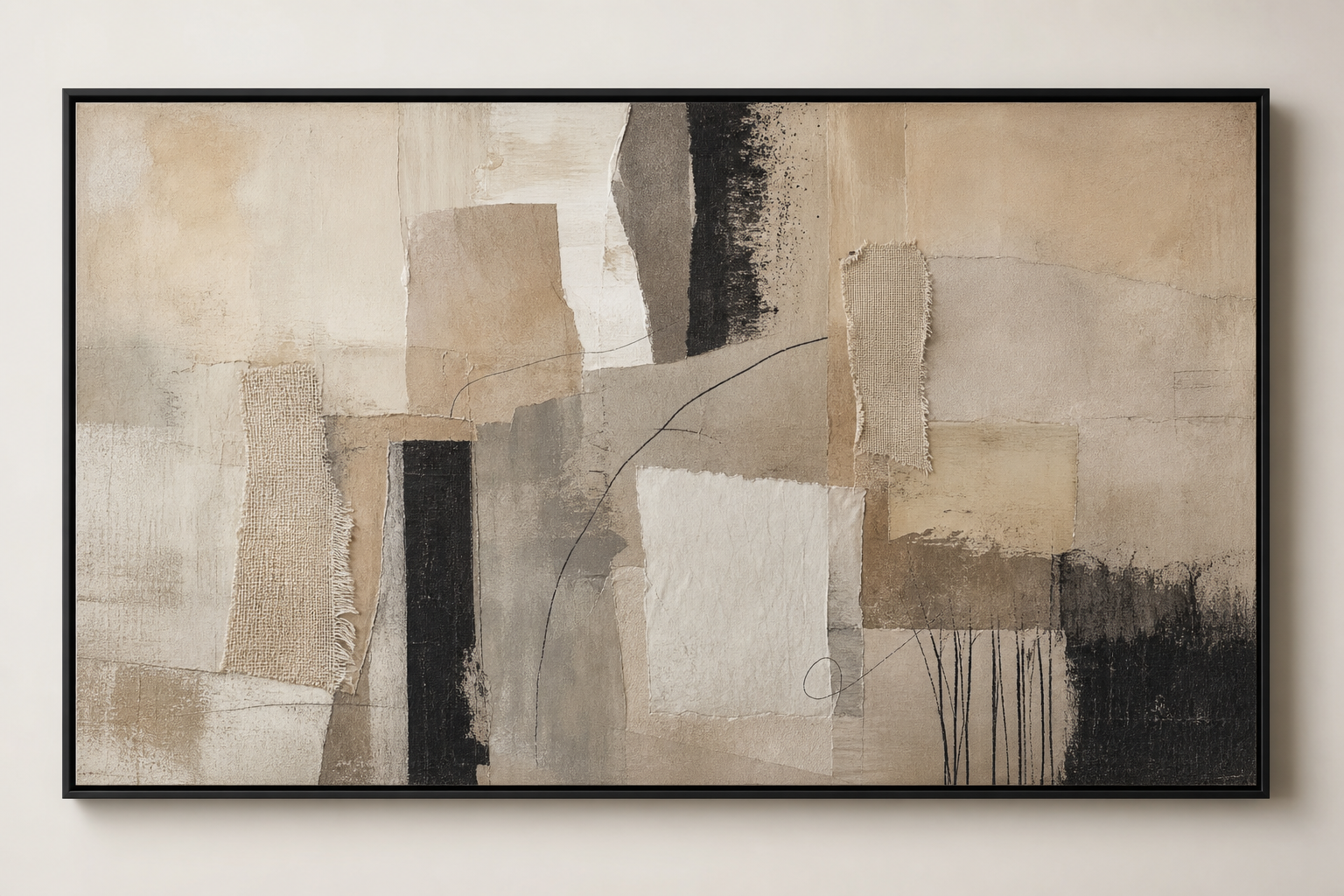 A wide mixed-media abstract artwork with layered beige, taupe, and charcoal textures in a slim black frame