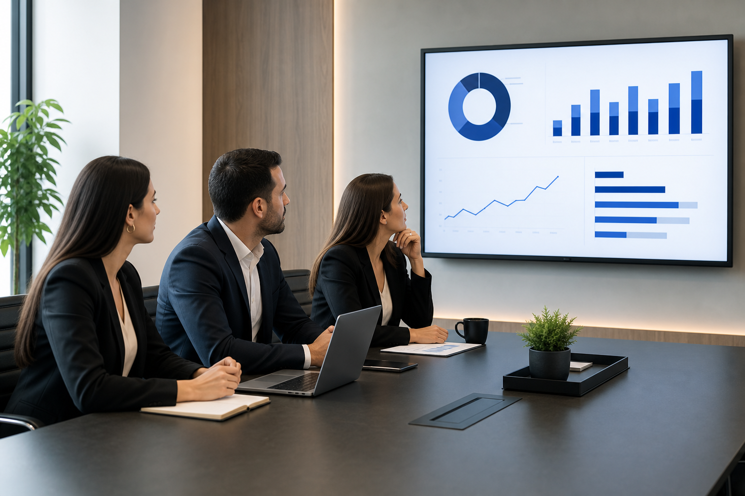 Equipo comercial en una reunión ejecutiva revisando métricas de ventas en una pantalla