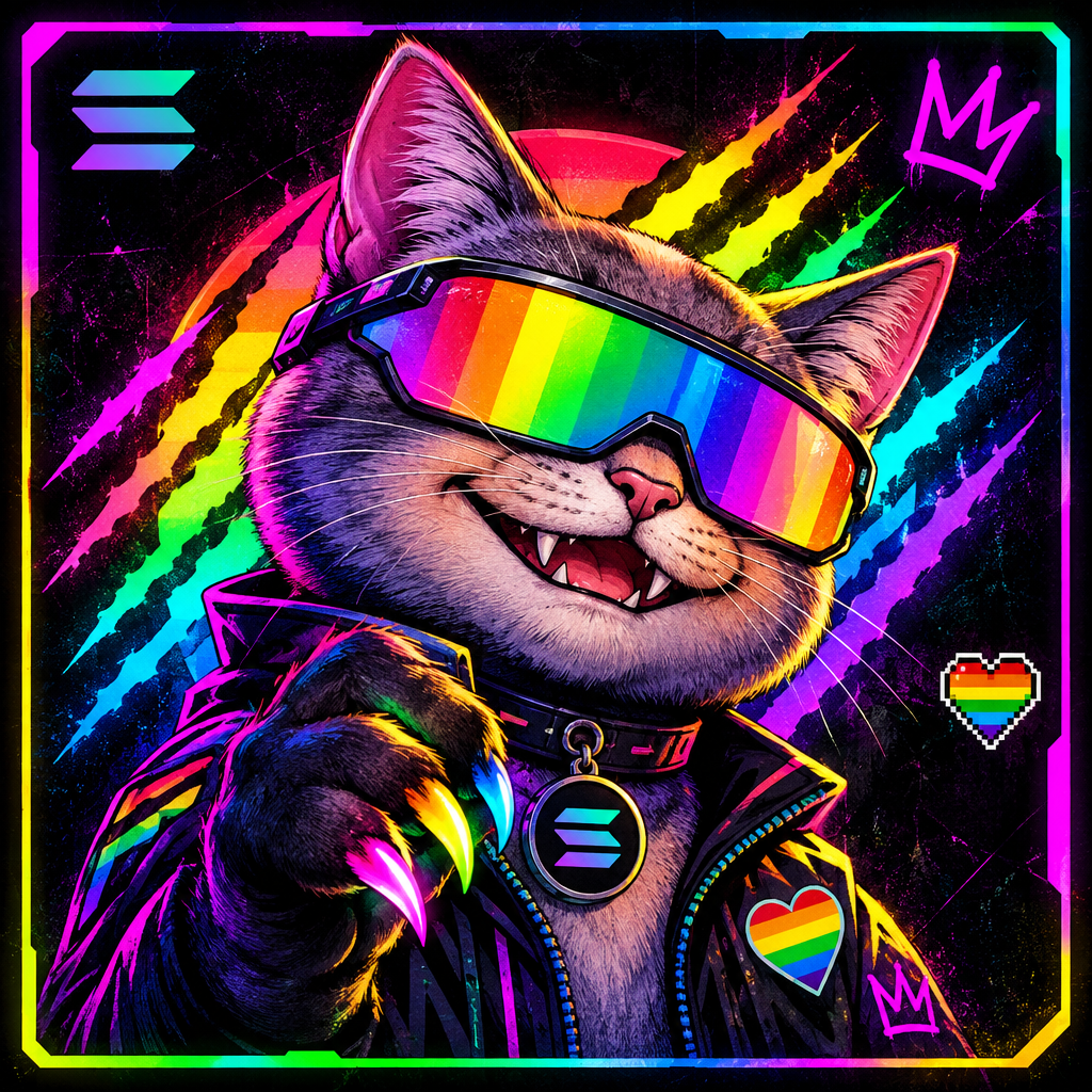 LGBT Cat avatar with rainbow goggles, sharp grin, and neon claw marks