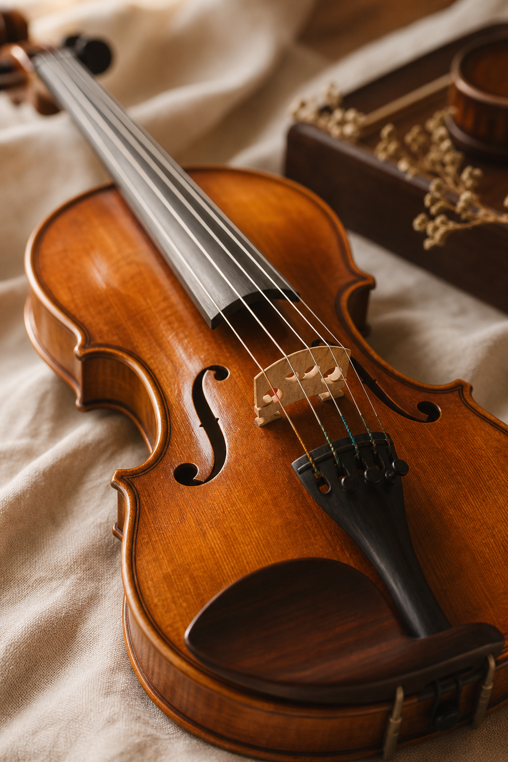 Warmly lit close-up of a classic amber-brown violin with polished wood grain and elegant f-holes, resting on a soft neutral linen surface