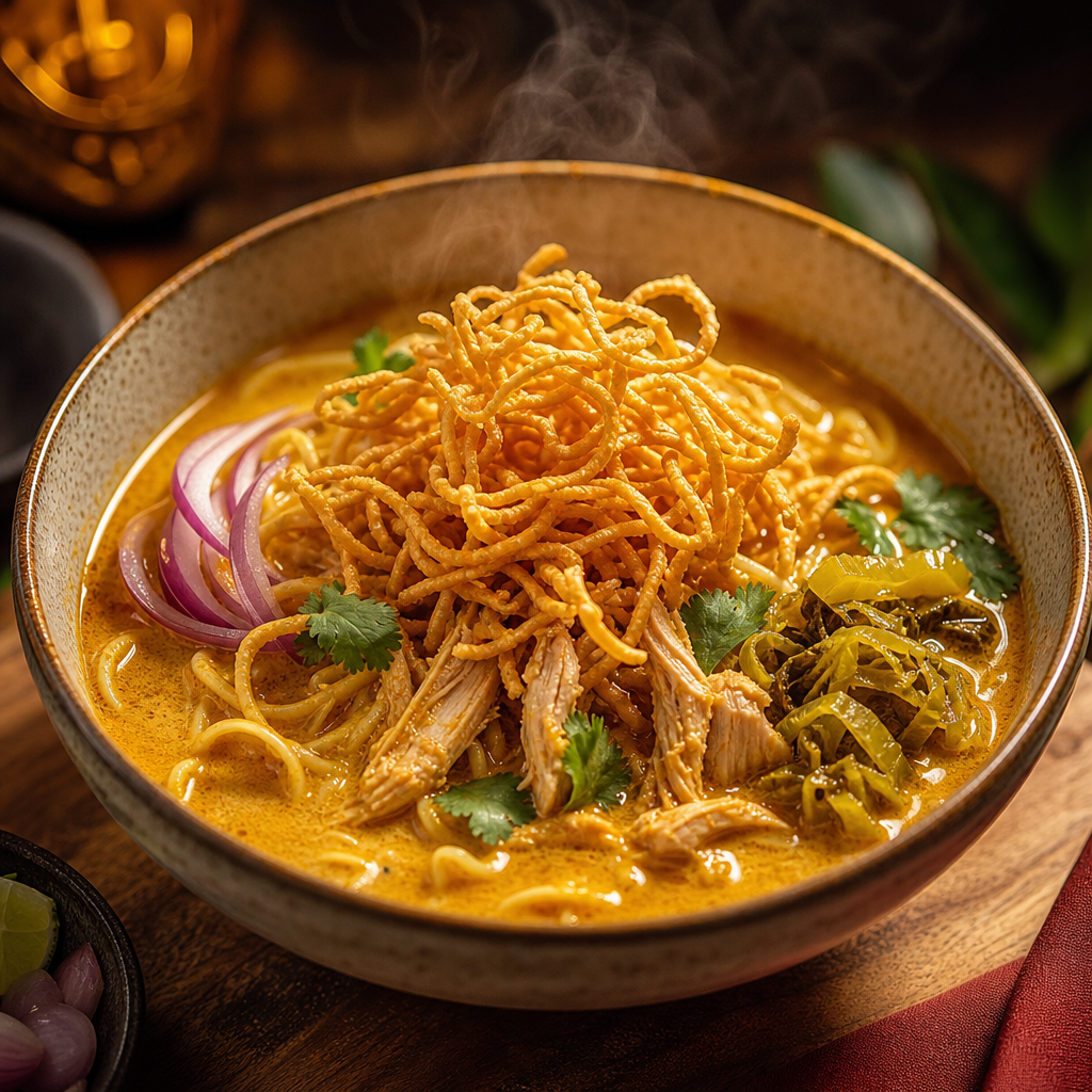 Golden khao soi curry noodles with shredded chicken, red onions, and crispy noodle topper in a ceramic bowl