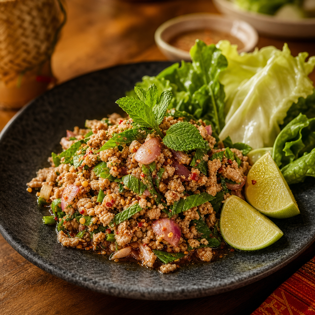 Spicy northern Thai larb with minced pork, toasted rice, fresh mint, and lime on a dark stone plate