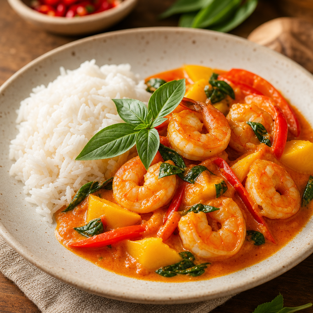 Vibrant mango red curry with shrimp, basil, and jasmine rice served on a light ceramic plate