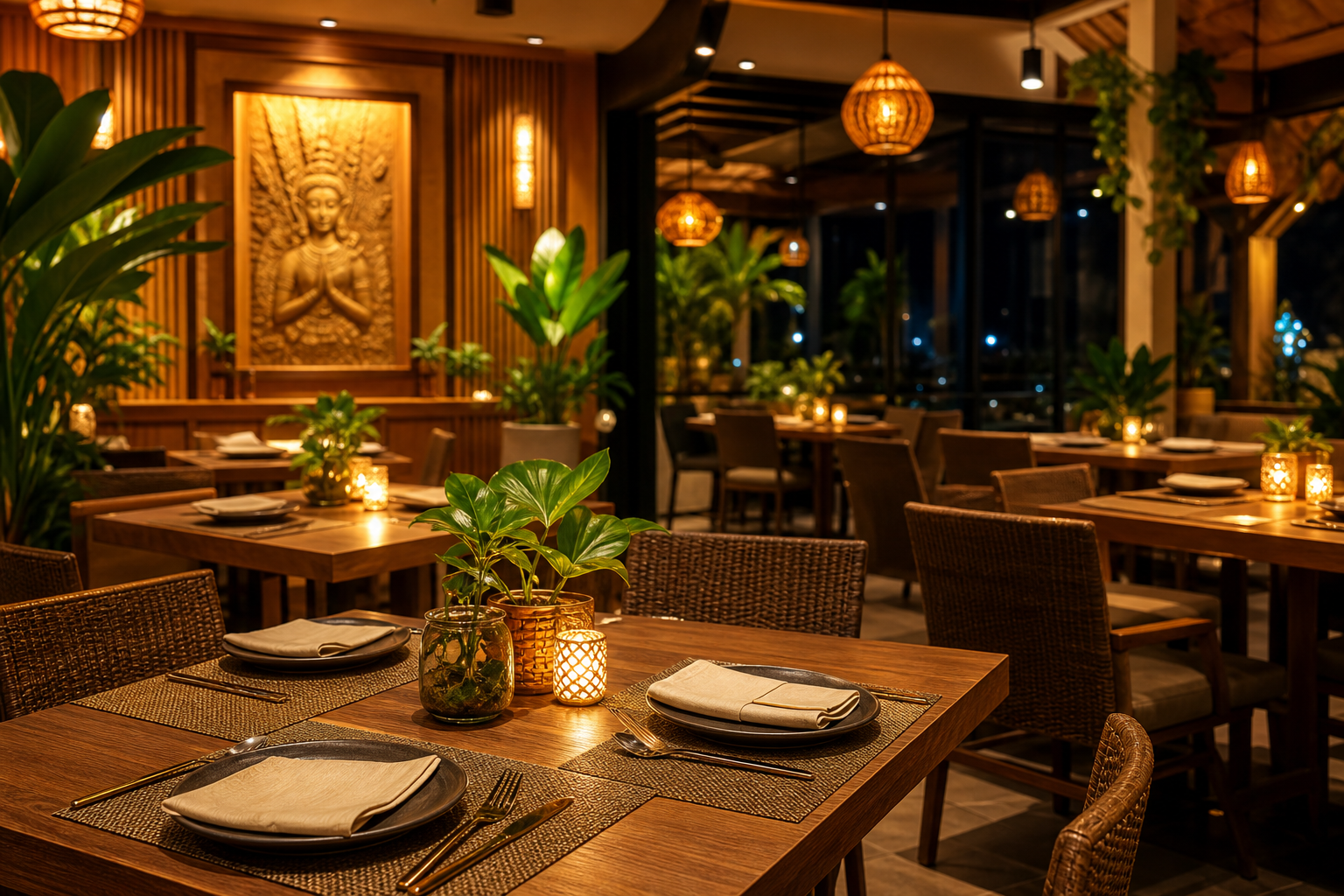 Warmly lit Thai restaurant dining area with modern wood tables, soft pendant lights, and lush greenery