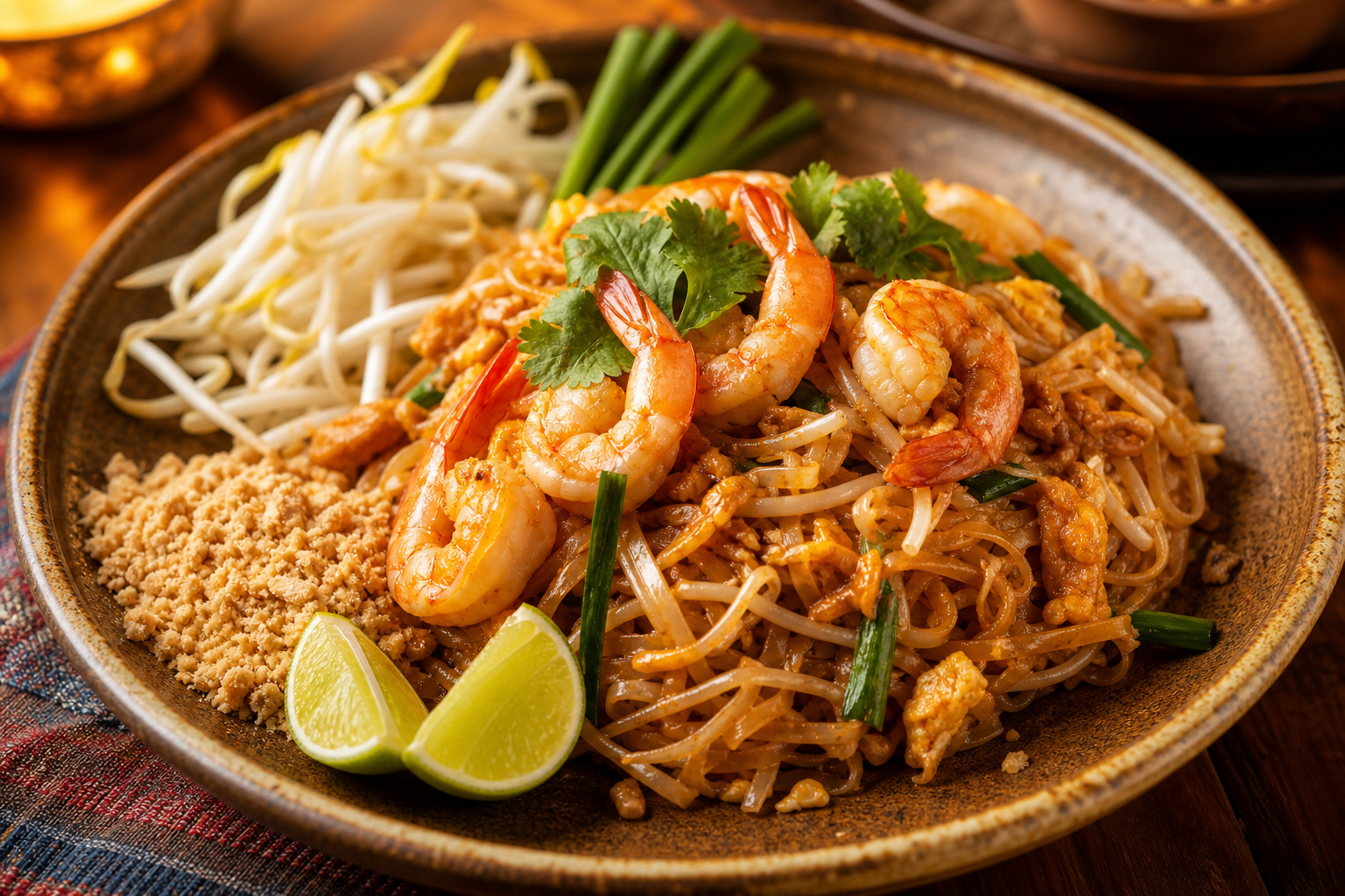 Vibrant bowl of pad thai with shrimp, lime wedges, crushed peanuts, and fresh herbs on a warm ceramic plate