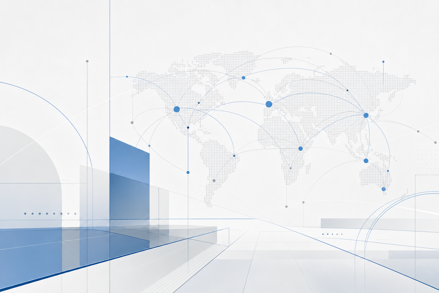 Minimal line-based global network illustration with geometric arcs and node connections in a corporate style