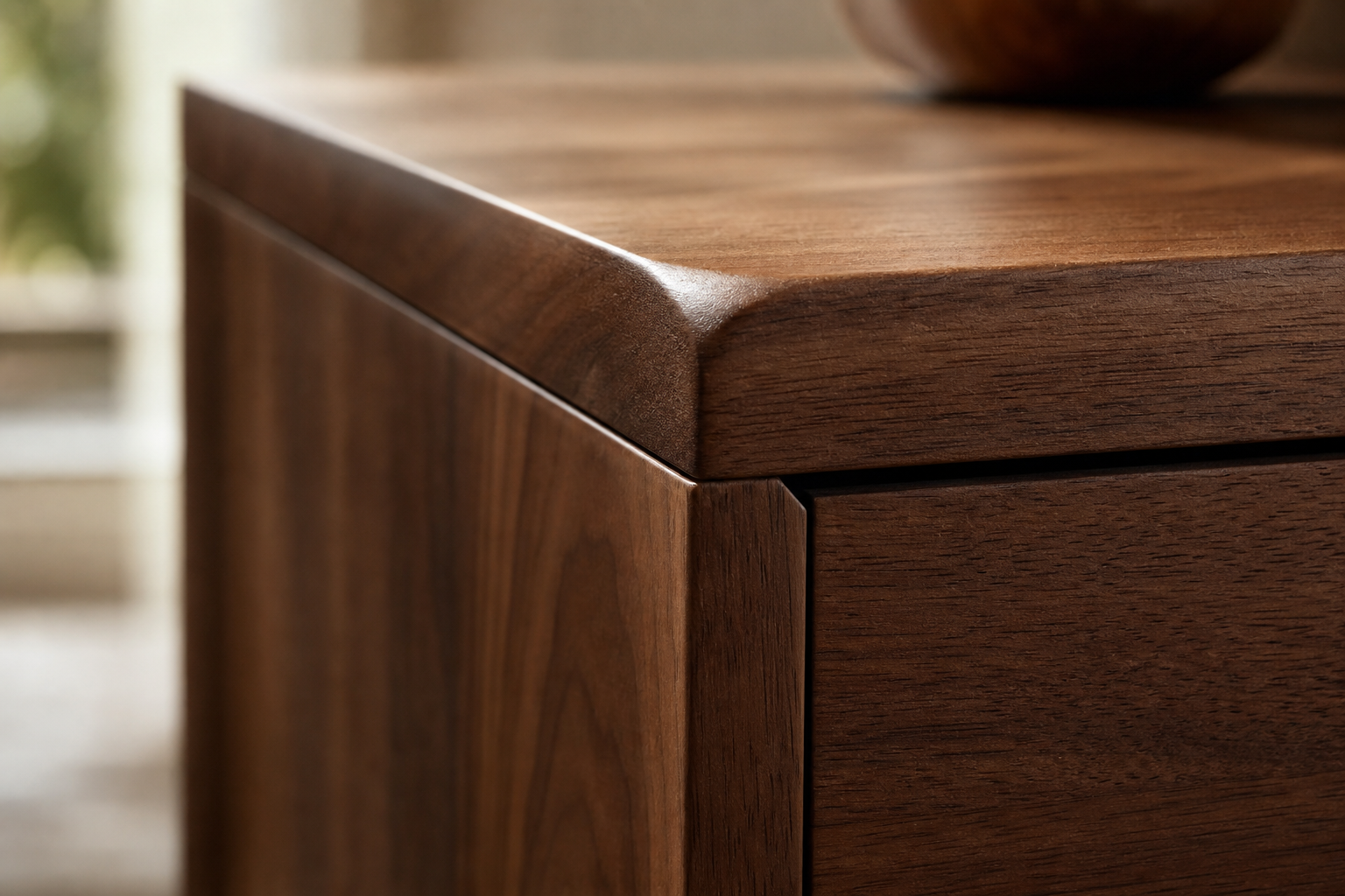 Close-up of premium walnut wood grain with refined joinery detail in warm natural light