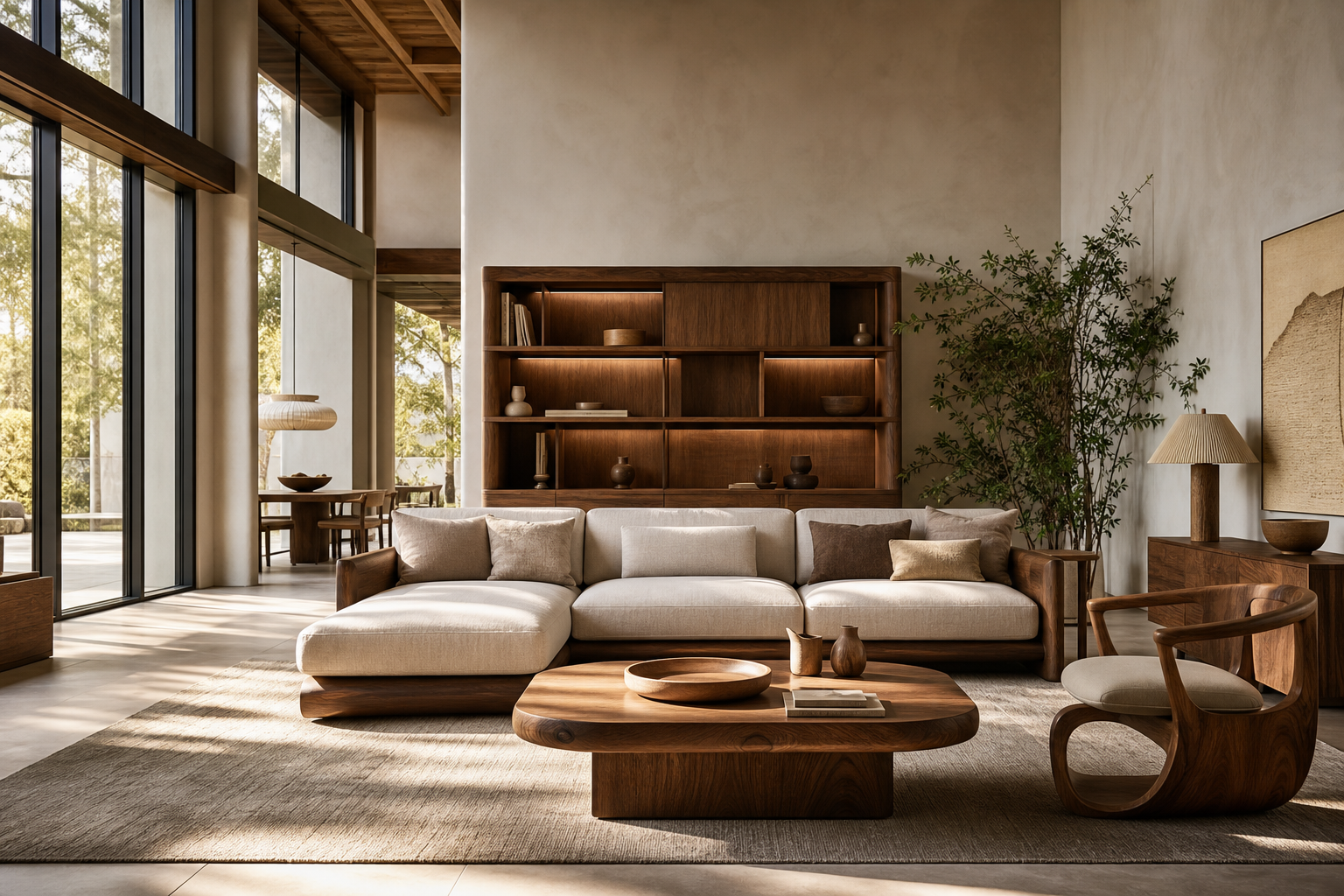 Luxurious modern interior with sculptural wooden furniture, soft natural daylight, and airy architectural space