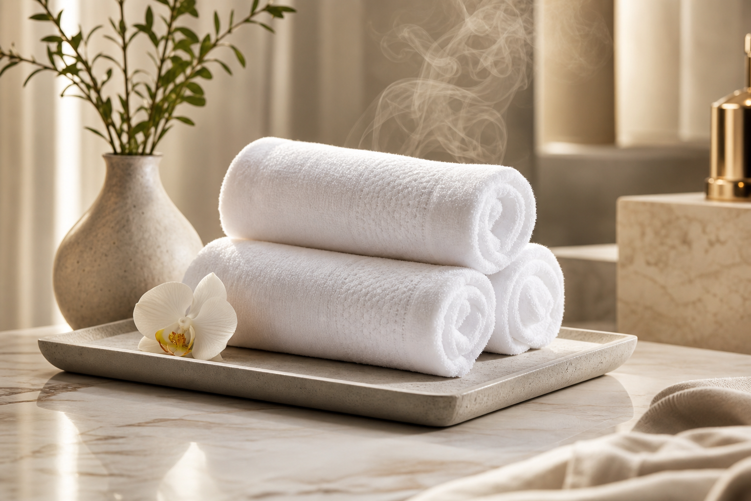 Folded premium refreshing towels on a clean hospitality tray with gentle mist, soft natural light, and subtle fabric texture