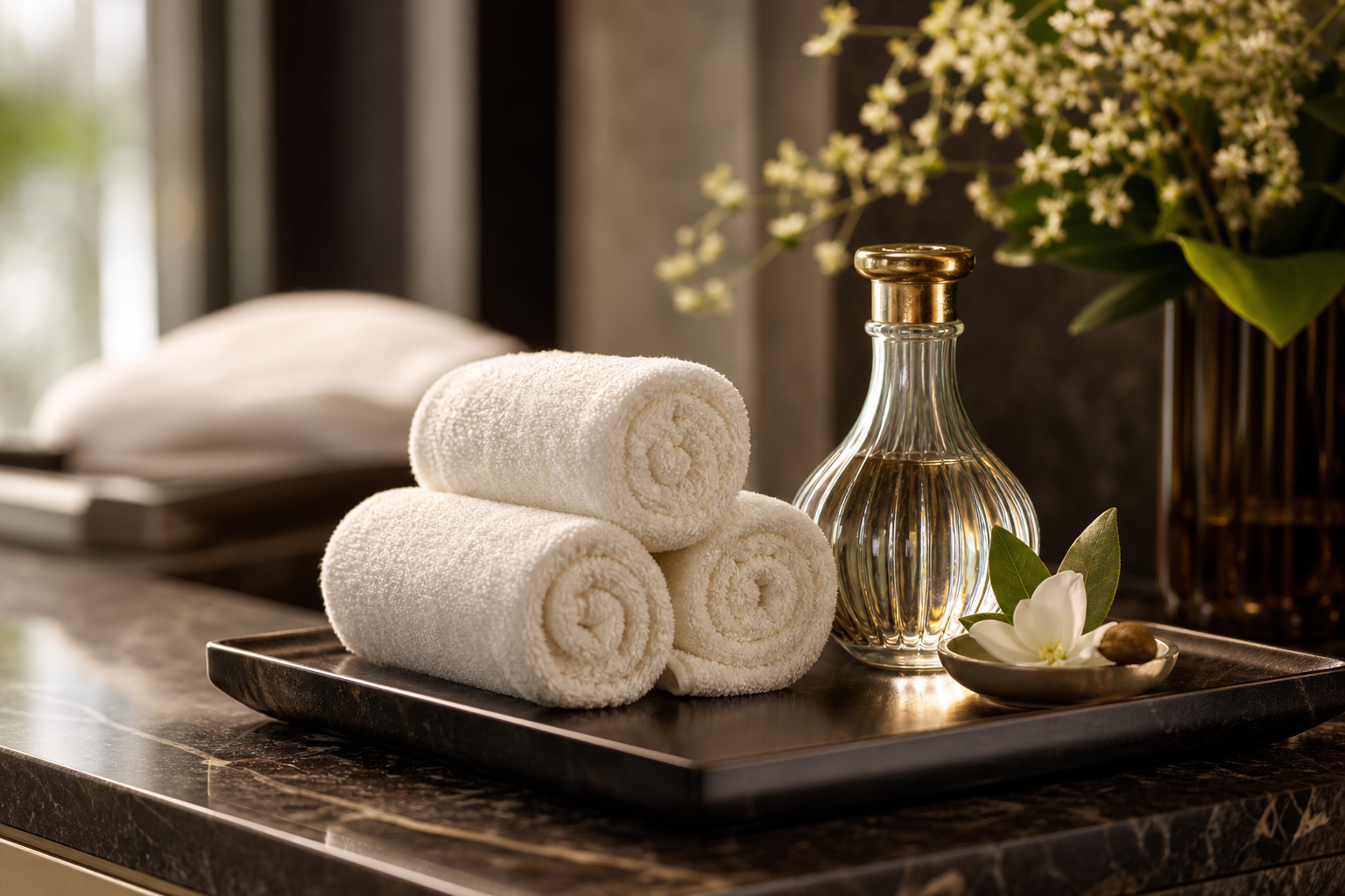 Premium folded refreshing towels with elegant glass fragrance vessel in a luxury spa hospitality setting
