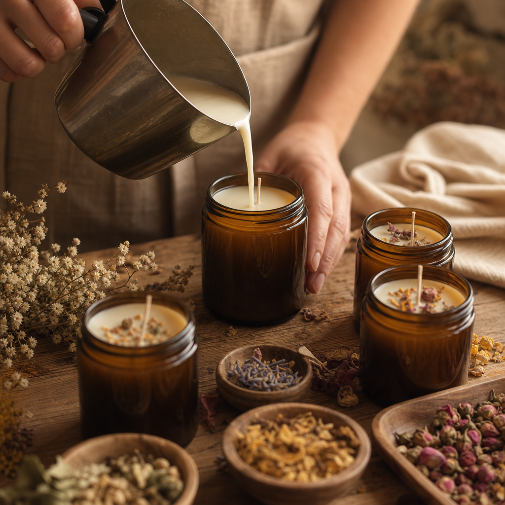Artisan hands gently pouring creamy soy wax into an amber glass candle jar beside dried botanicals